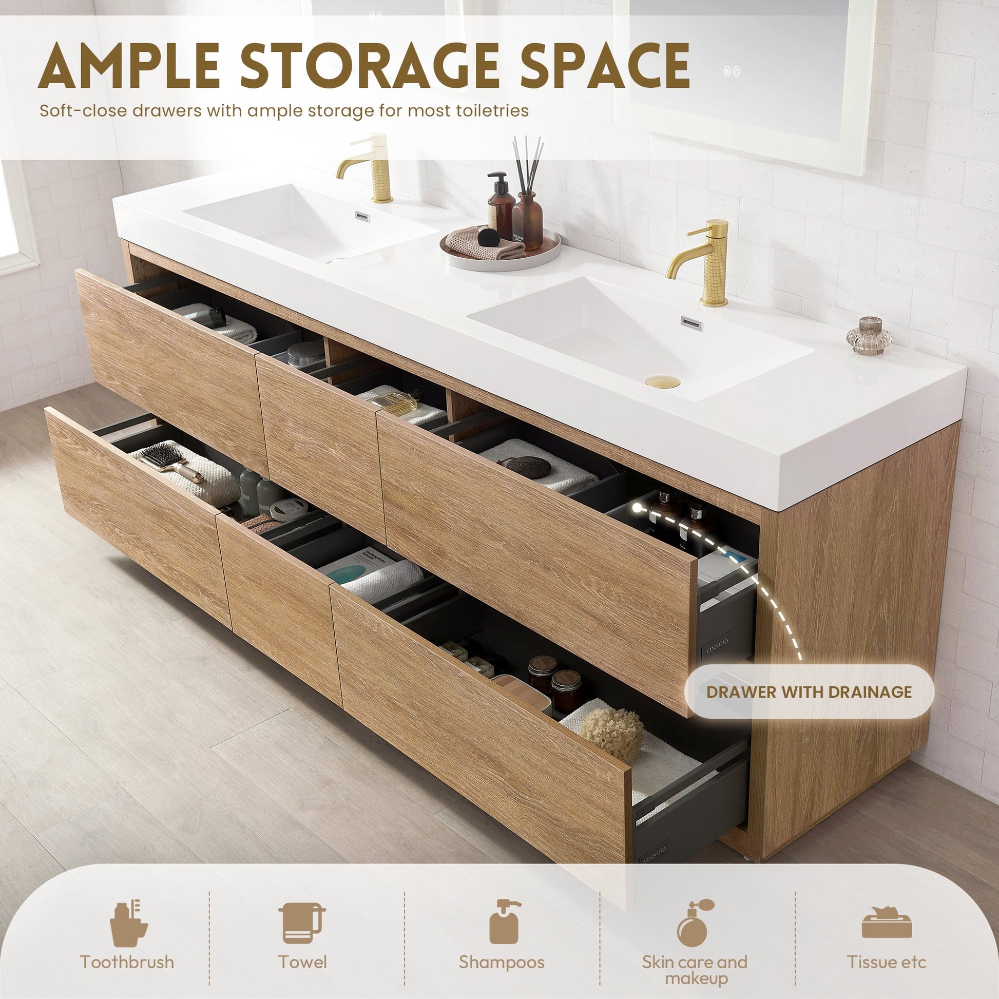 Huesca 84" Double Sink Bath Vanity in North American Oak with White Composite Integral Square Sink Top