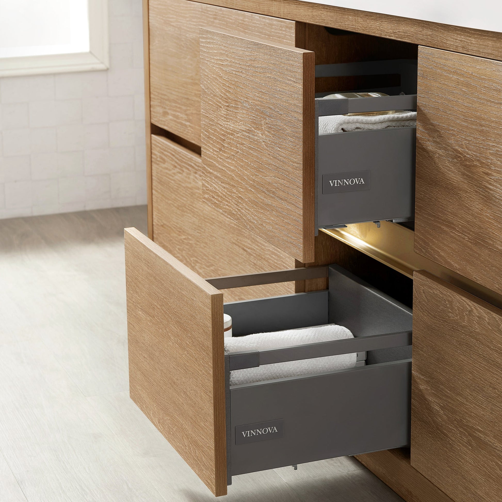 Huesca 84" Double Sink Bath Vanity in North American Oak with White Composite Integral Square Sink Top