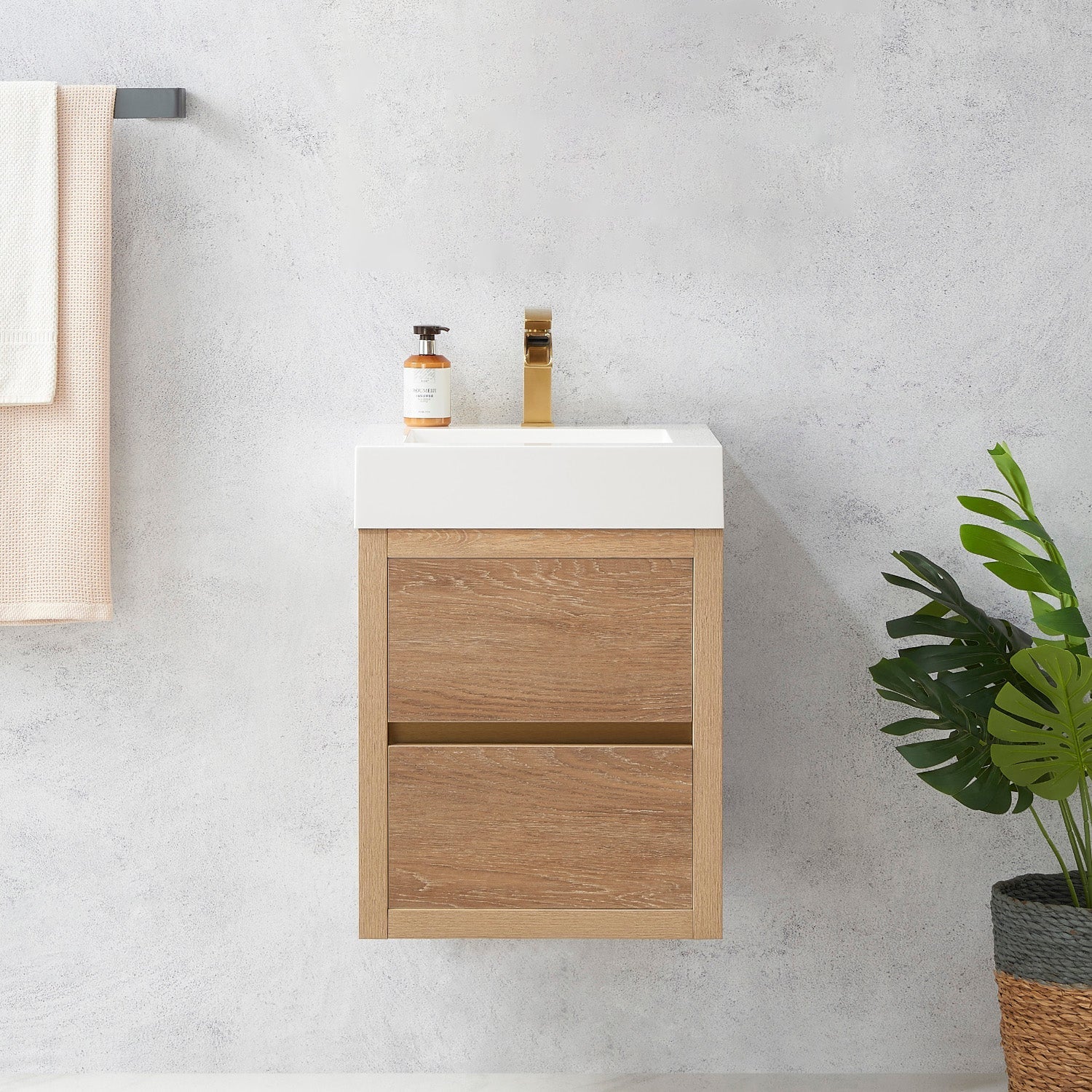 Palencia 18" Single Sink Wall-Mount Bath Vanity in North American Oak with White Composite Integral Square Sink Top