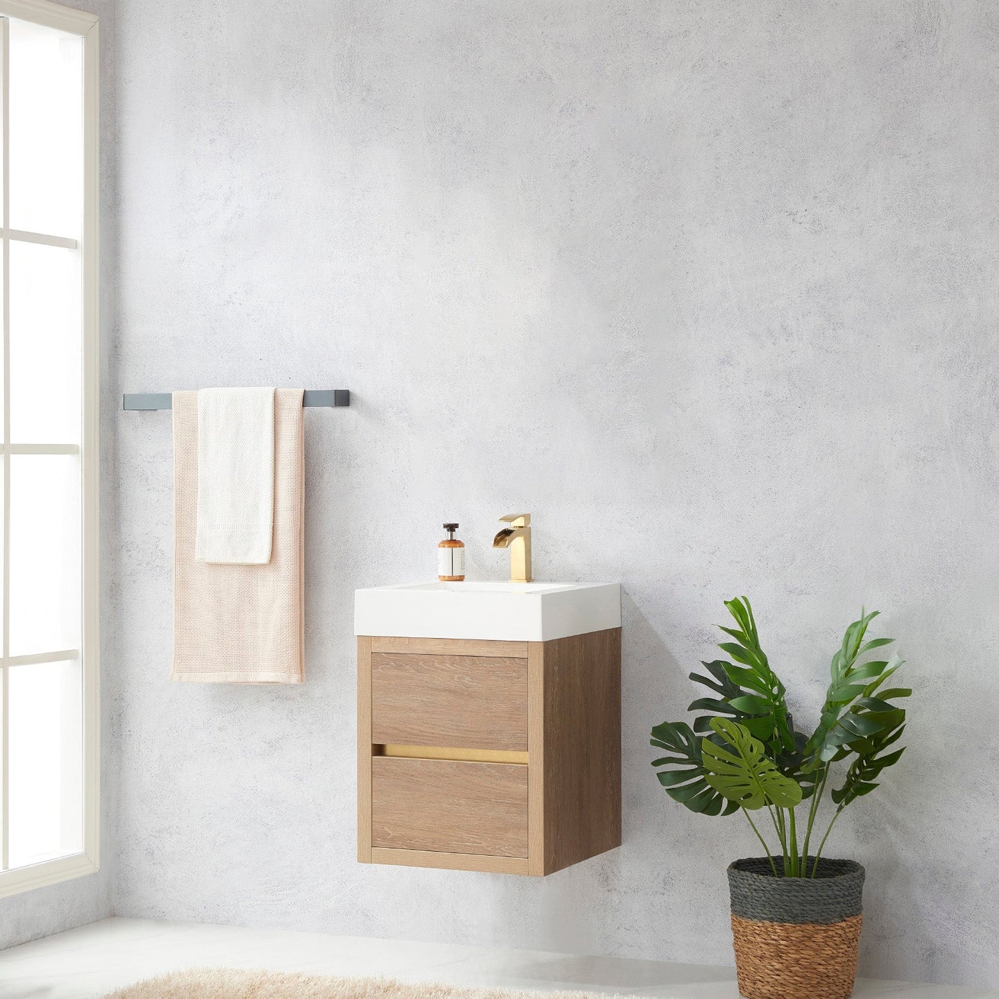 Palencia 18" Single Sink Wall-Mount Bath Vanity in North American Oak with White Composite Integral Square Sink Top