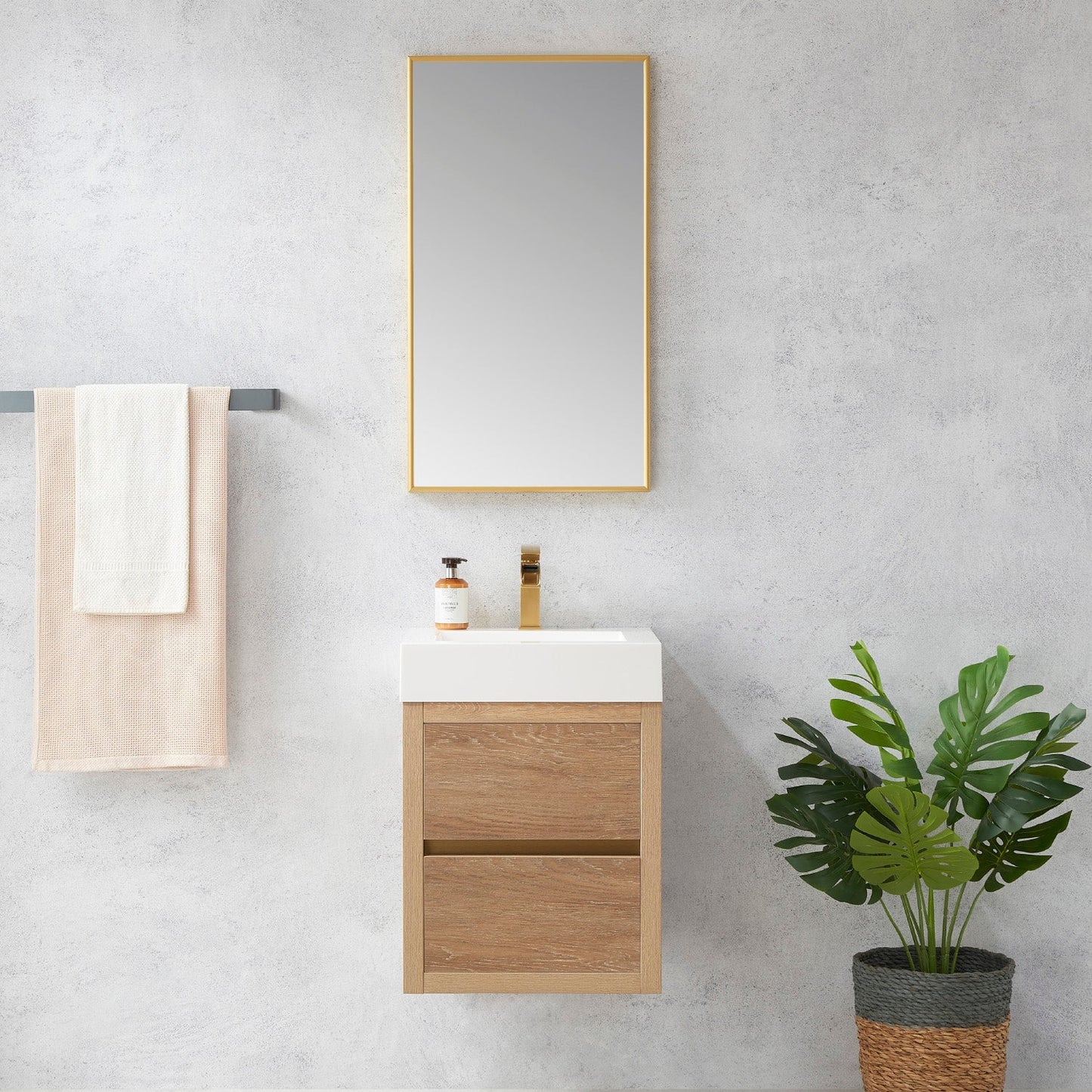 Palencia 18" Single Sink Wall-Mount Bath Vanity in North American Oak with White Composite Integral Square Sink Top