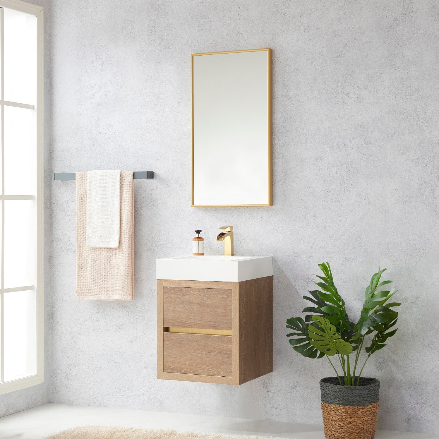 Palencia 18" Single Sink Wall-Mount Bath Vanity in North American Oak with White Composite Integral Square Sink Top