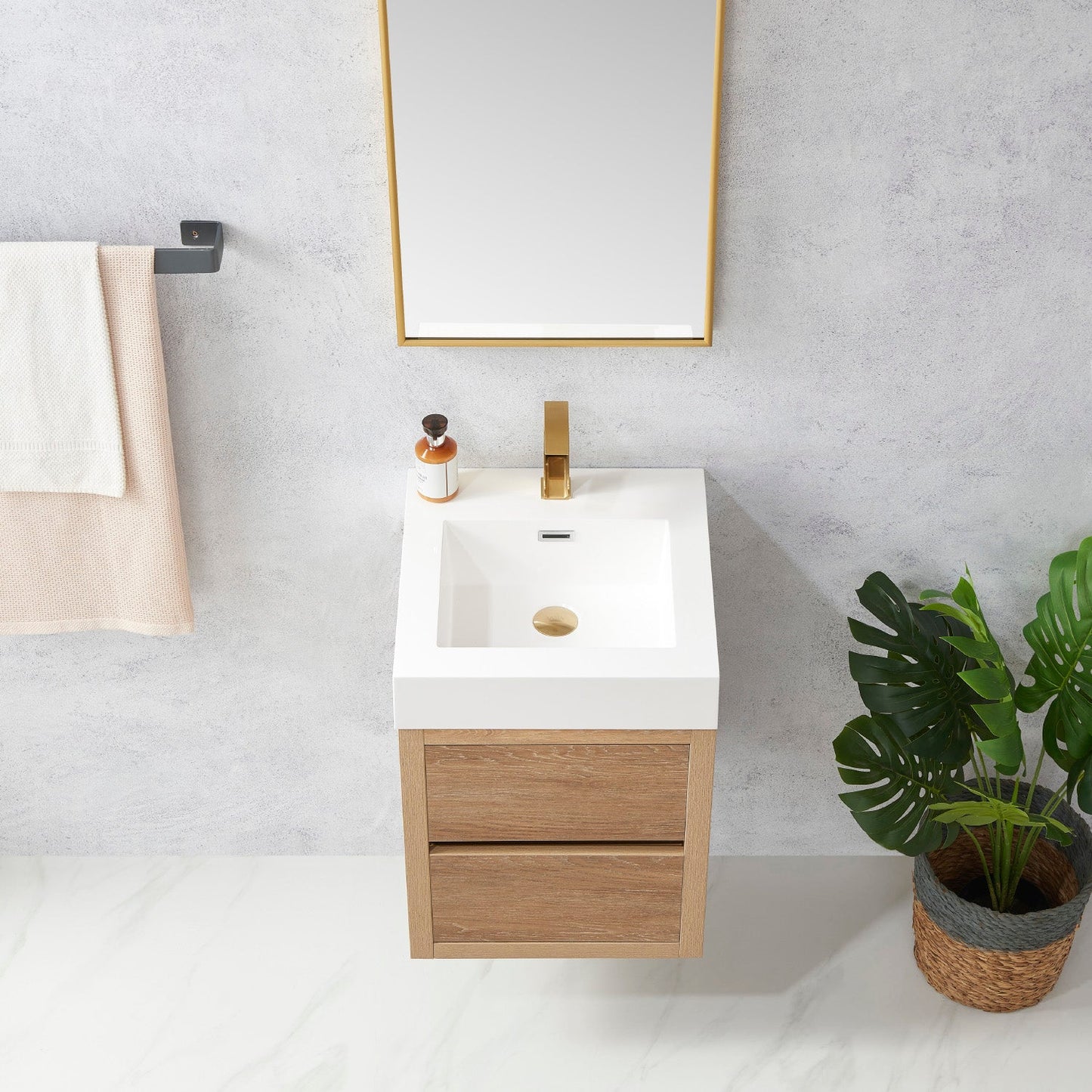 Palencia 18" Single Sink Wall-Mount Bath Vanity in North American Oak with White Composite Integral Square Sink Top