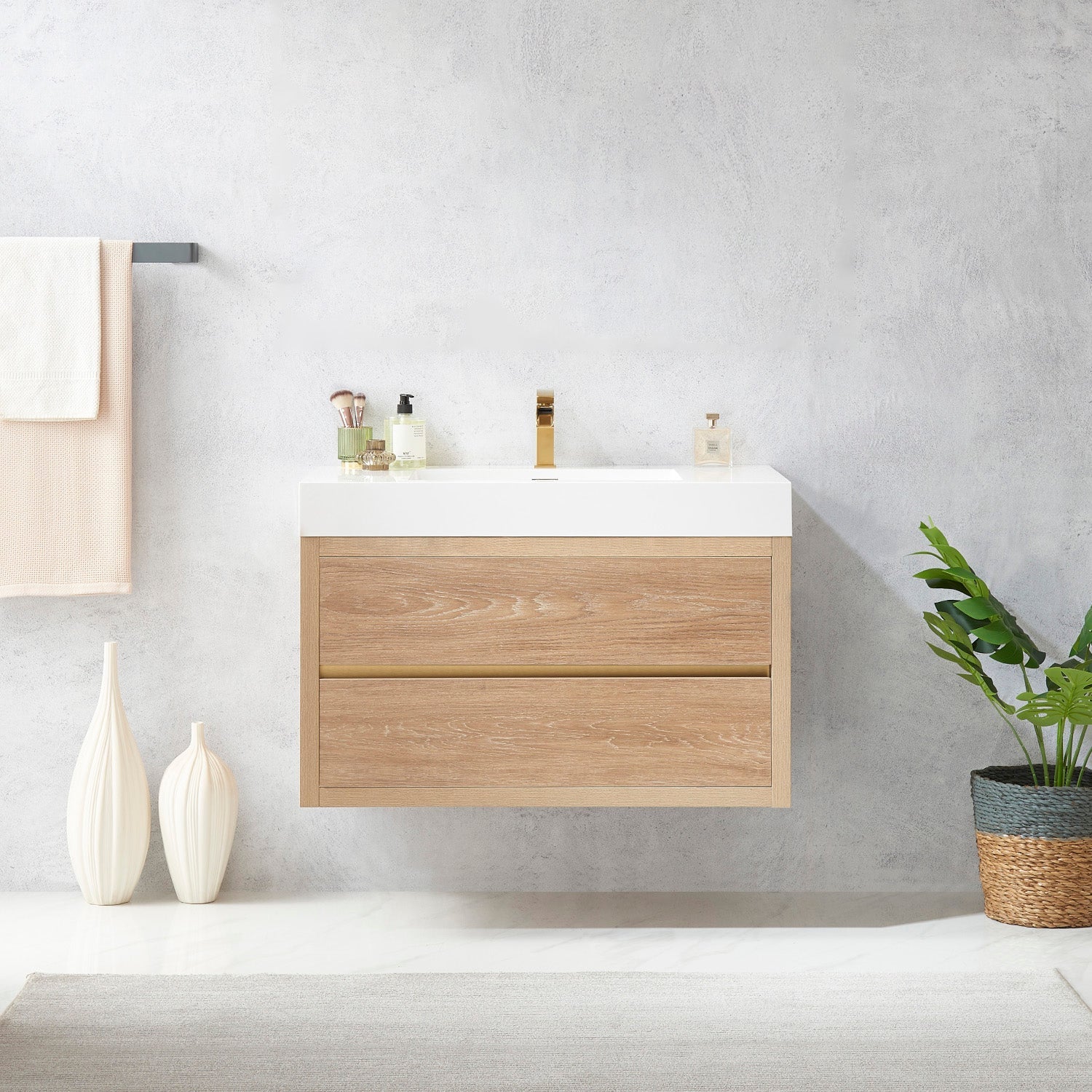 Palencia 36" Single Sink Wall-Mount Bath Vanity in North American Oak with White Composite Integral Square Sink Top