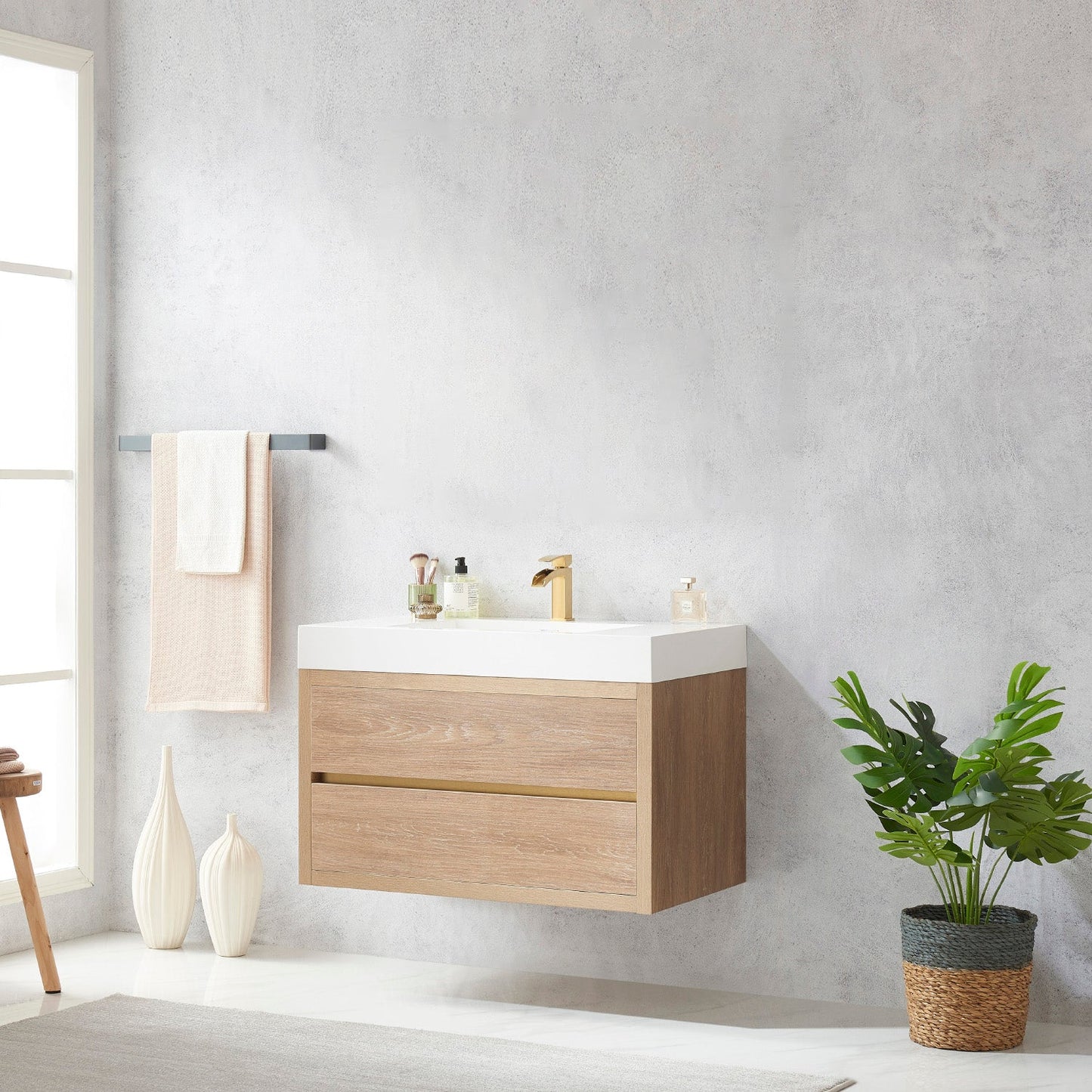 Palencia 36" Single Sink Wall-Mount Bath Vanity in North American Oak with White Composite Integral Square Sink Top