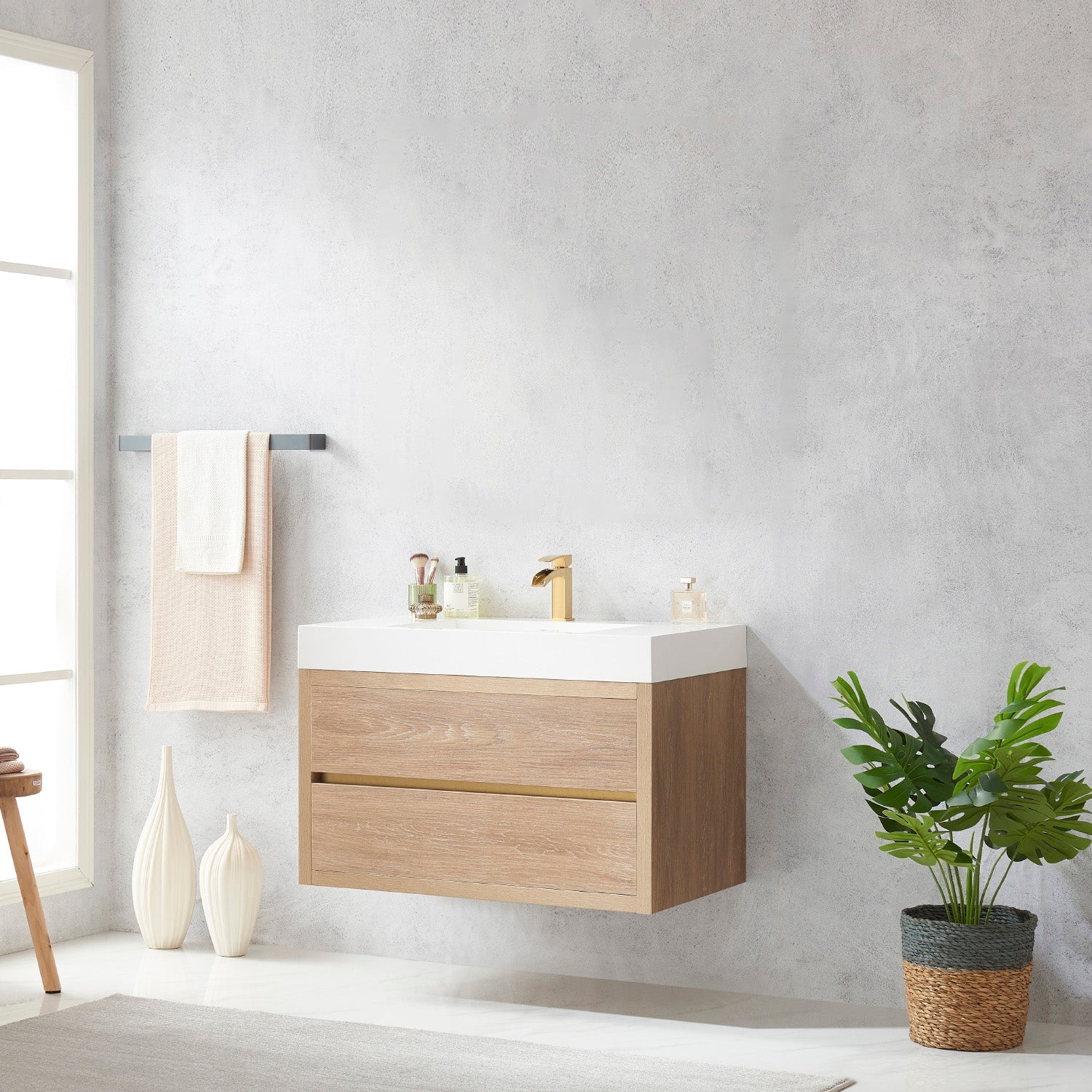 Palencia 36" Single Sink Wall-Mount Bath Vanity in North American Oak with White Composite Integral Square Sink Top