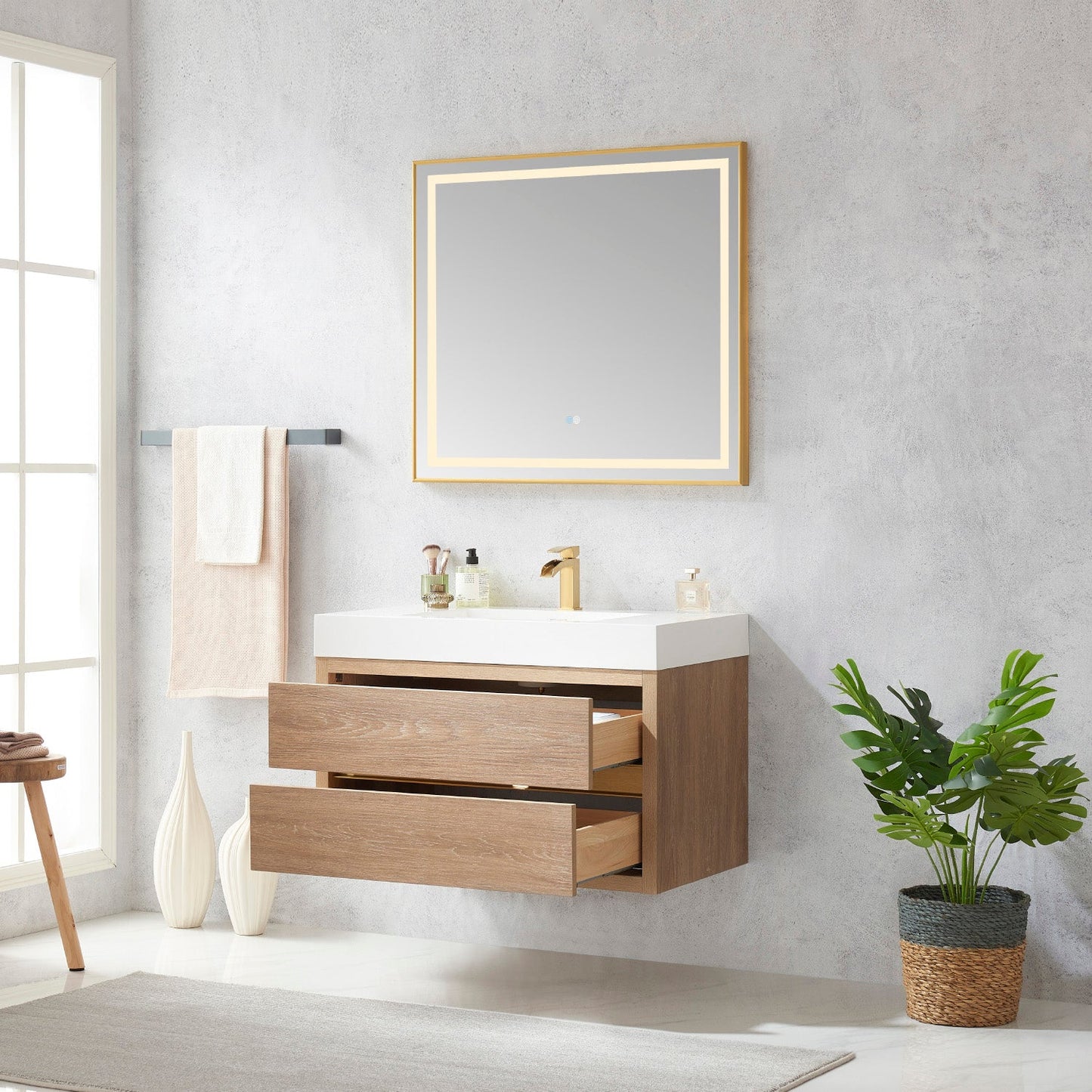 Palencia 36" Single Sink Wall-Mount Bath Vanity in North American Oak with White Composite Integral Square Sink Top