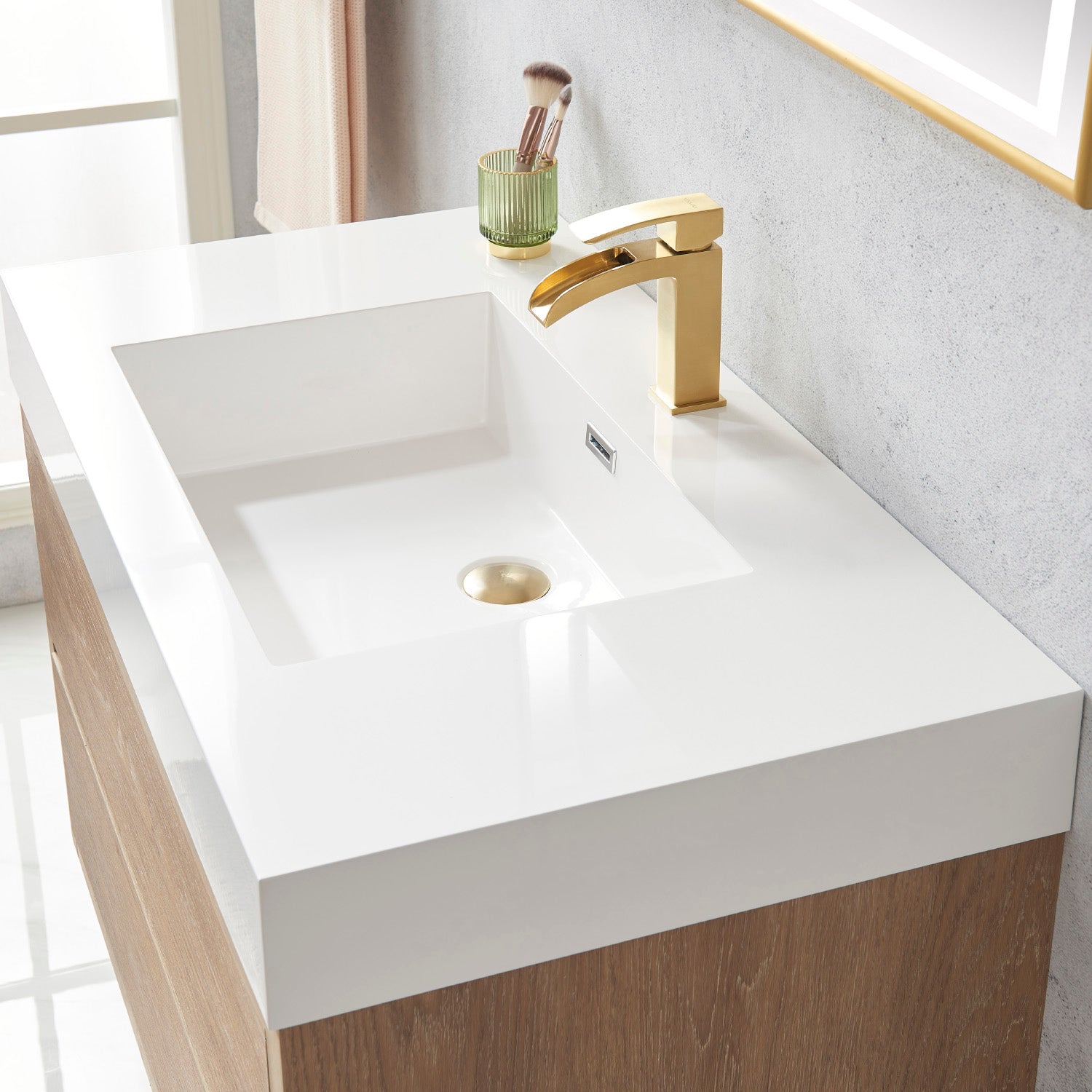 Palencia 36" Single Sink Wall-Mount Bath Vanity in North American Oak with White Composite Integral Square Sink Top
