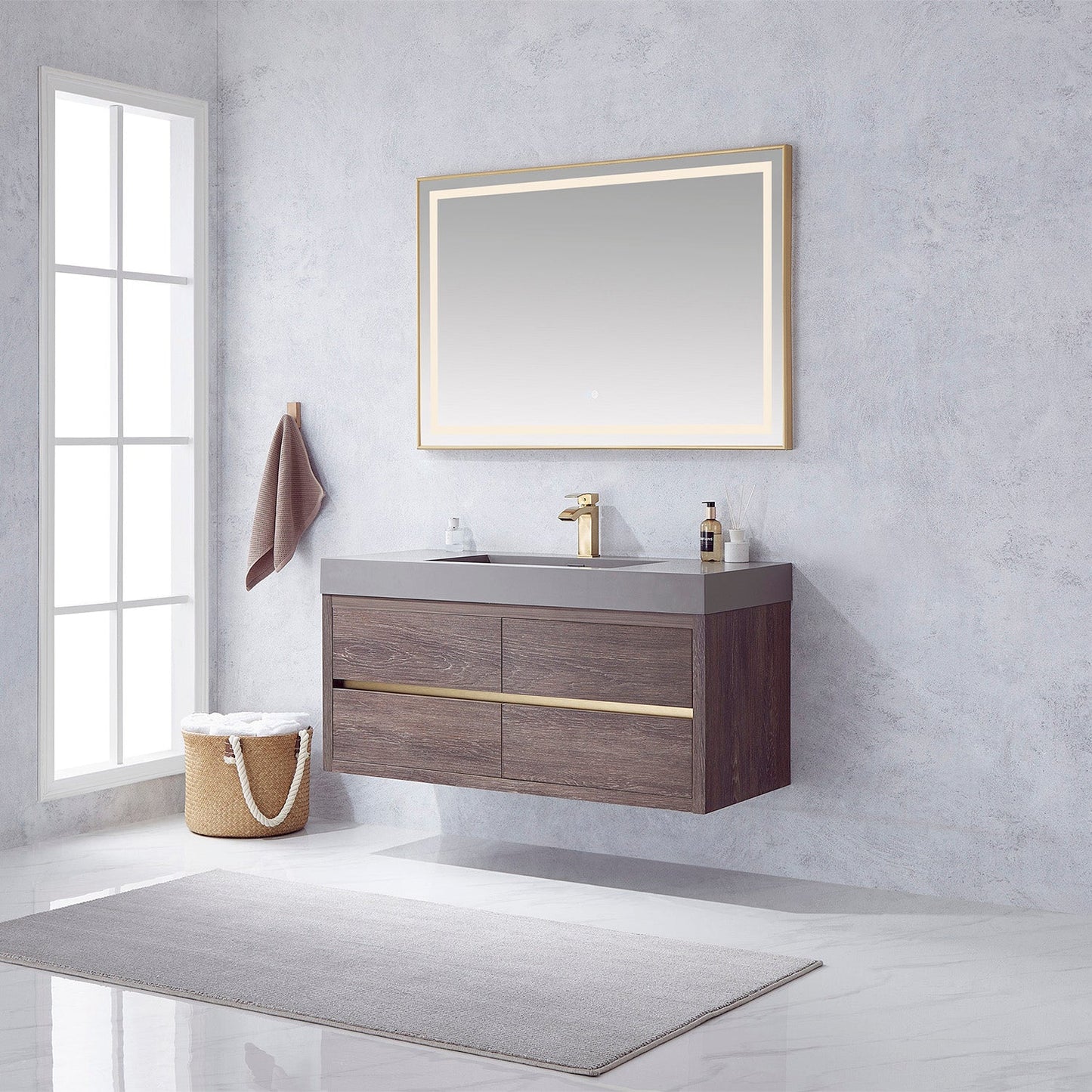 Palencia 48" Single Sink Wall-Mount Bath Vanity in North Carolina Oak with Grey Composite Integral Square Sink Top