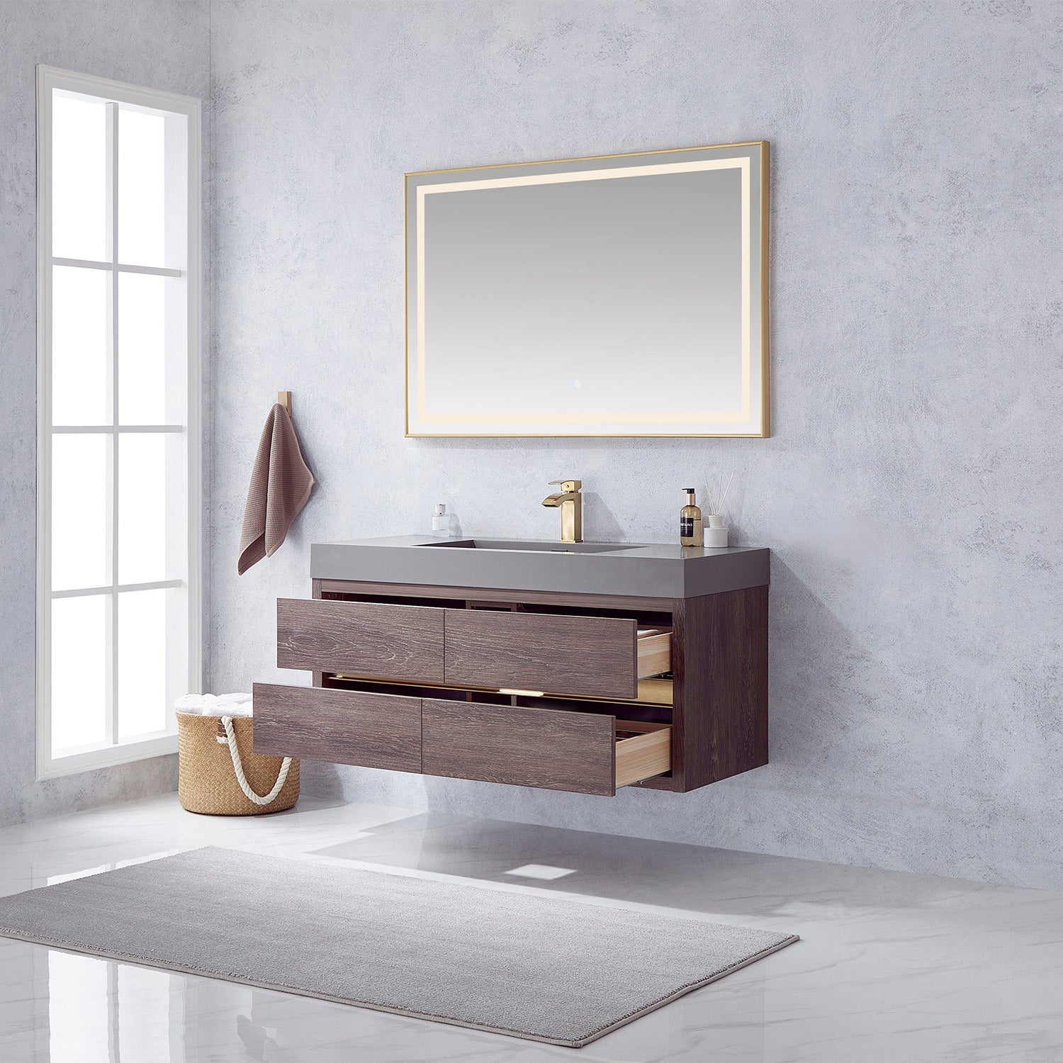 Palencia 48" Single Sink Wall-Mount Bath Vanity in North Carolina Oak with Grey Composite Integral Square Sink Top