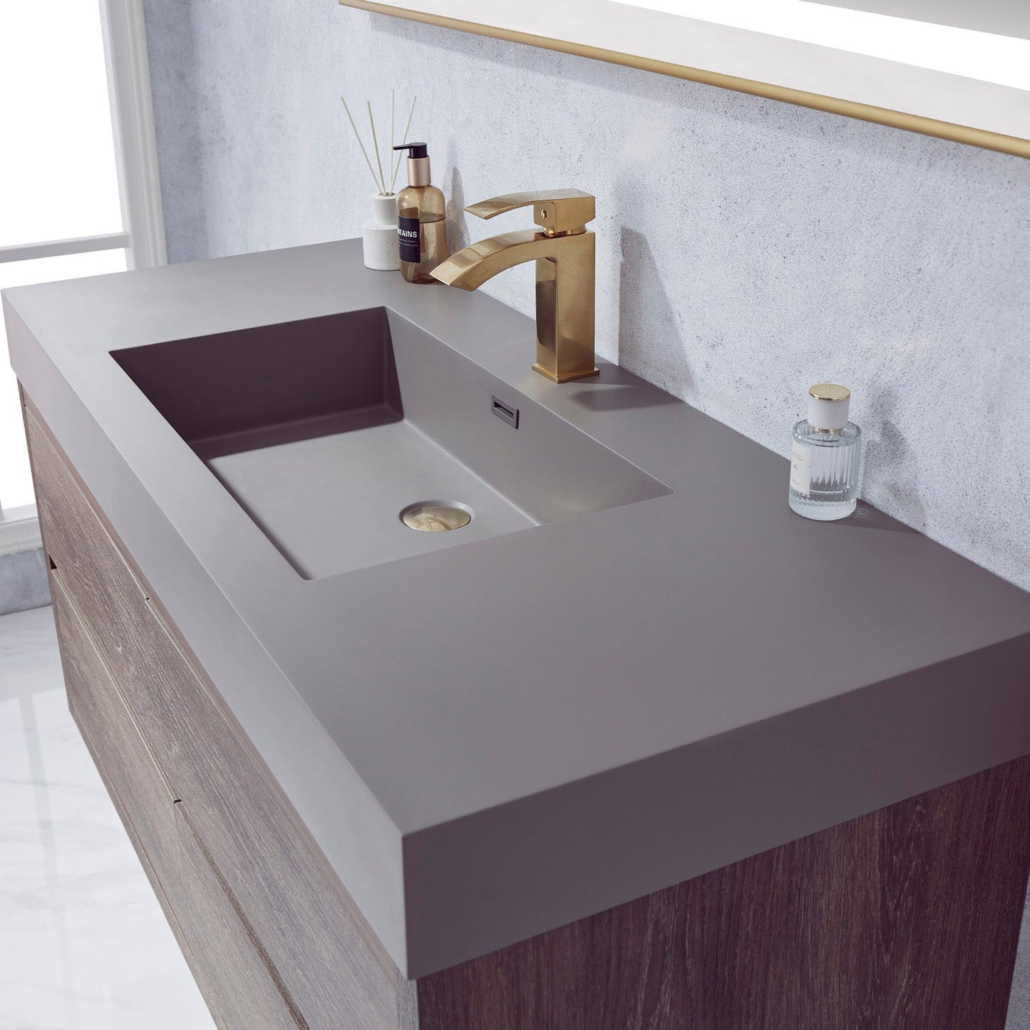 Palencia 48" Single Sink Wall-Mount Bath Vanity in North Carolina Oak with Grey Composite Integral Square Sink Top