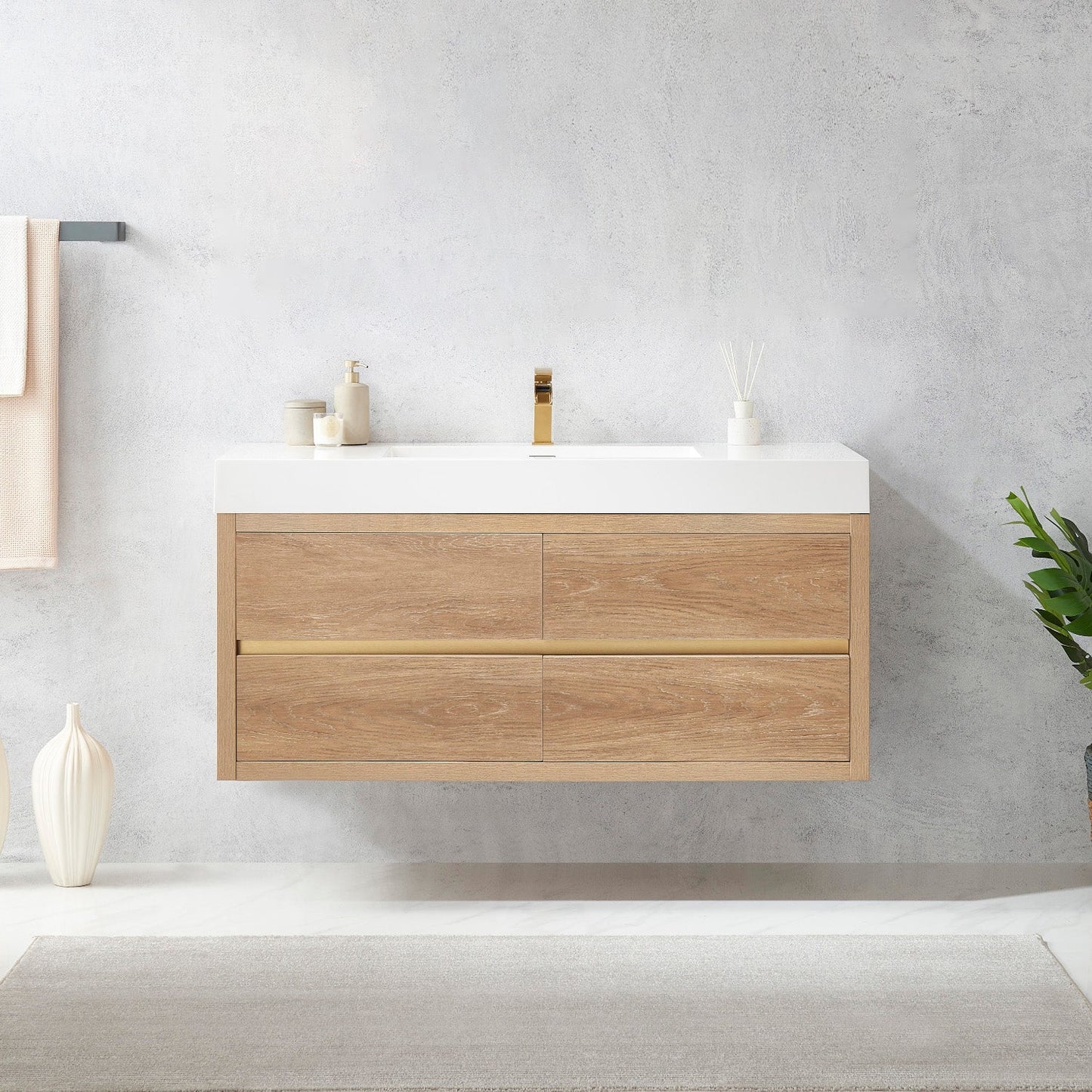 Palencia 48" Single Sink Wall-Mount Bath Vanity in North American Oak with White Composite Integral Square Sink Top