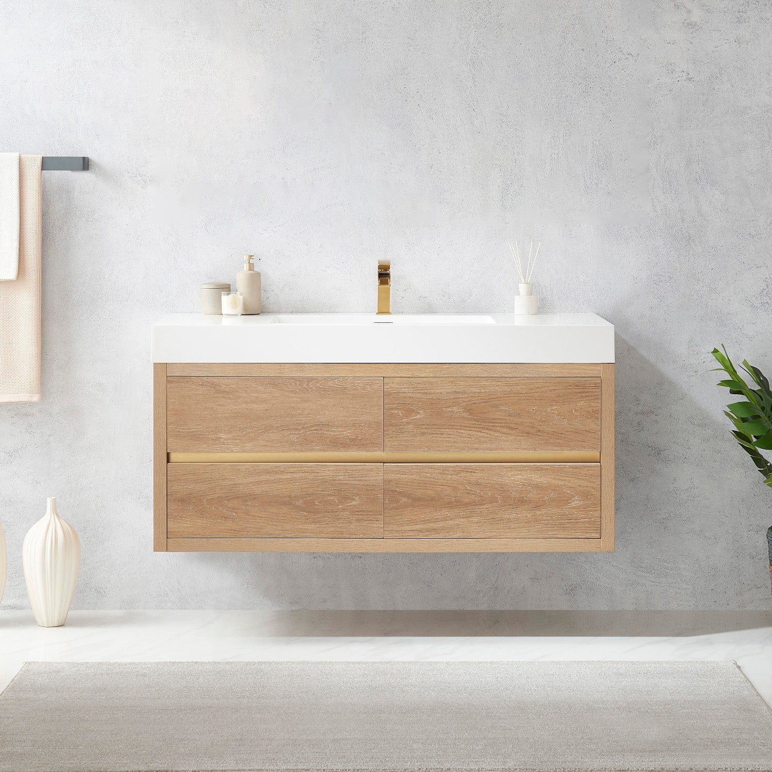 Palencia 48" Single Sink Wall-Mount Bath Vanity in North American Oak with White Composite Integral Square Sink Top