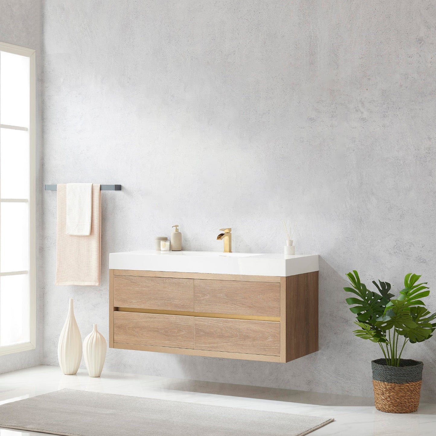 Palencia 48" Single Sink Wall-Mount Bath Vanity in North American Oak with White Composite Integral Square Sink Top