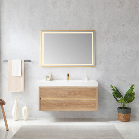 Palencia 48" Single Sink Wall-Mount Bath Vanity in North American Oak with White Composite Integral Square Sink Top