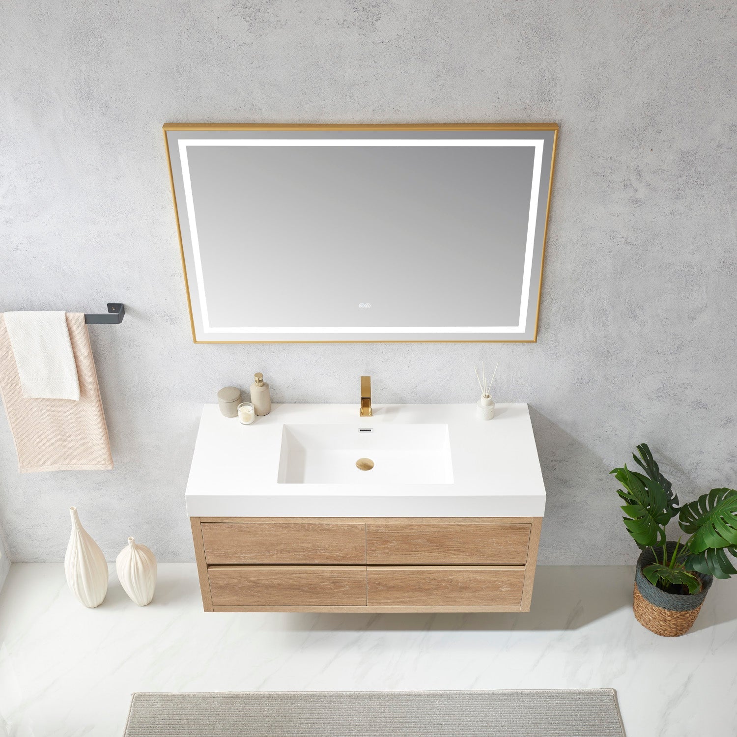 Palencia 48" Single Sink Wall-Mount Bath Vanity in North American Oak with White Composite Integral Square Sink Top