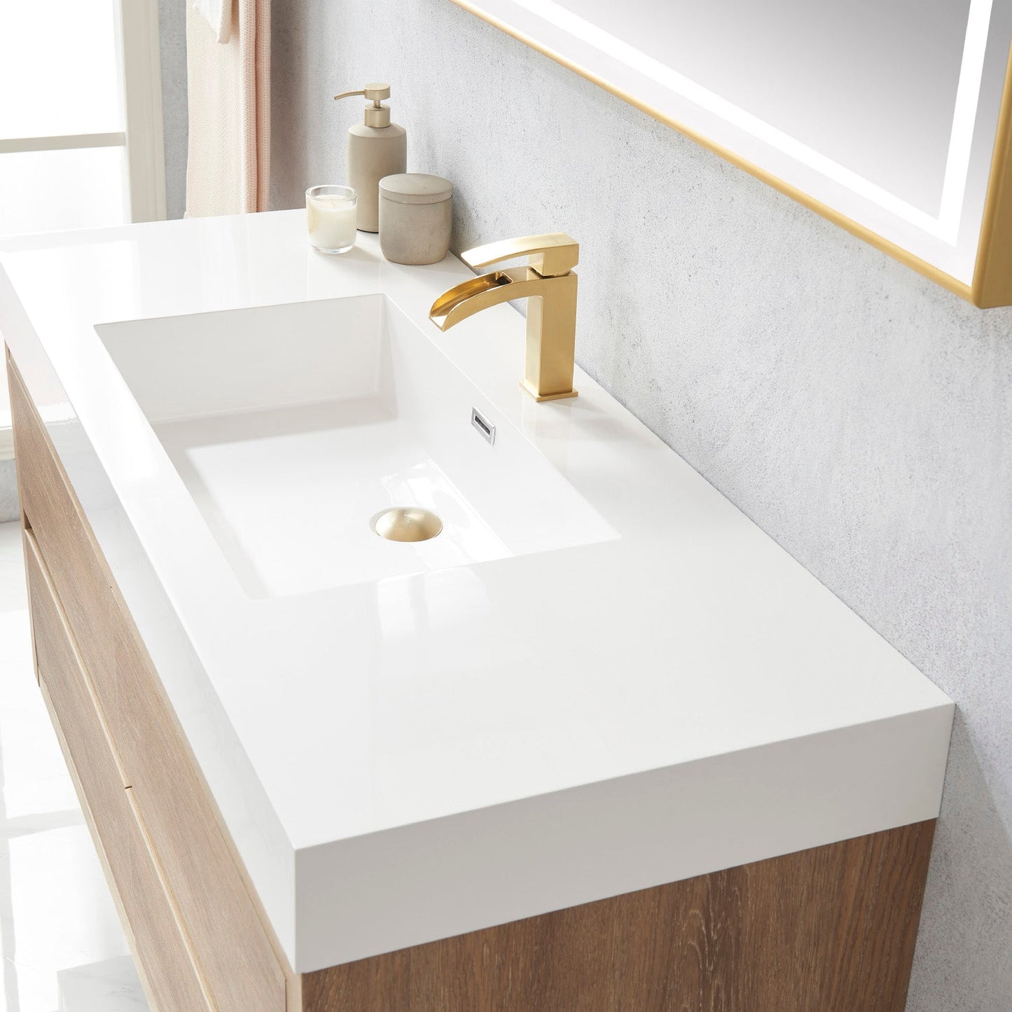 Palencia 48" Single Sink Wall-Mount Bath Vanity in North American Oak with White Composite Integral Square Sink Top