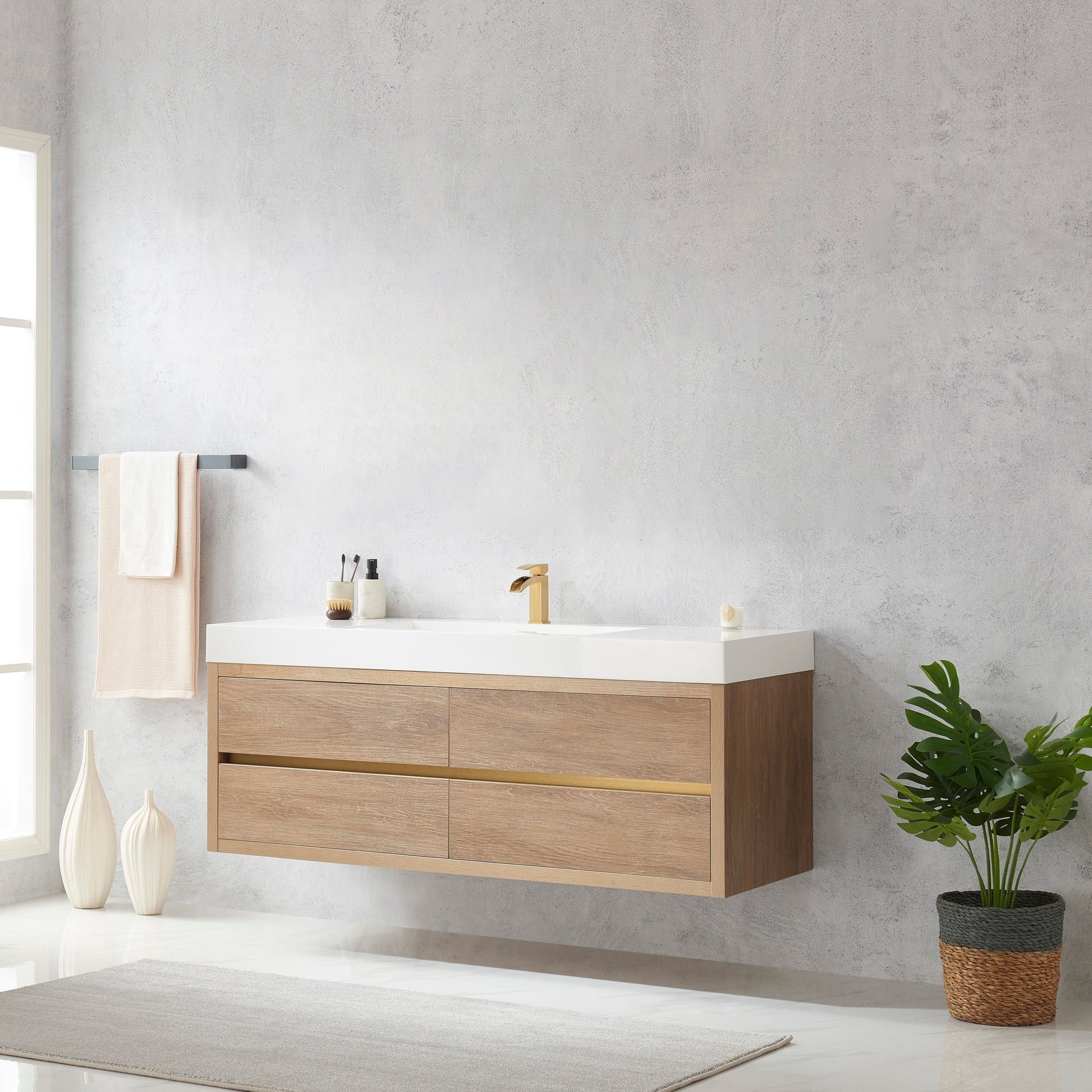 Palencia 60" Single Sink Wall-Mount Bath Vanity in North American Oak with White Composite Integral Square Sink Top