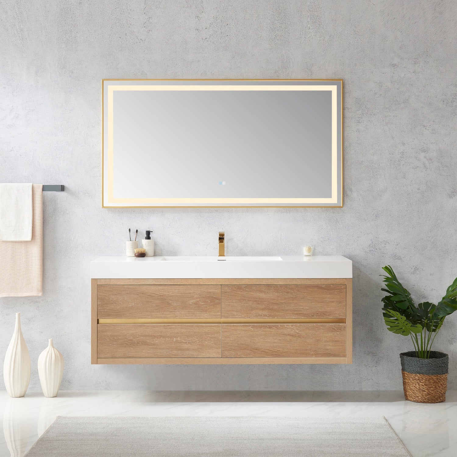 Palencia 60" Single Sink Wall-Mount Bath Vanity in North American Oak with White Composite Integral Square Sink Top