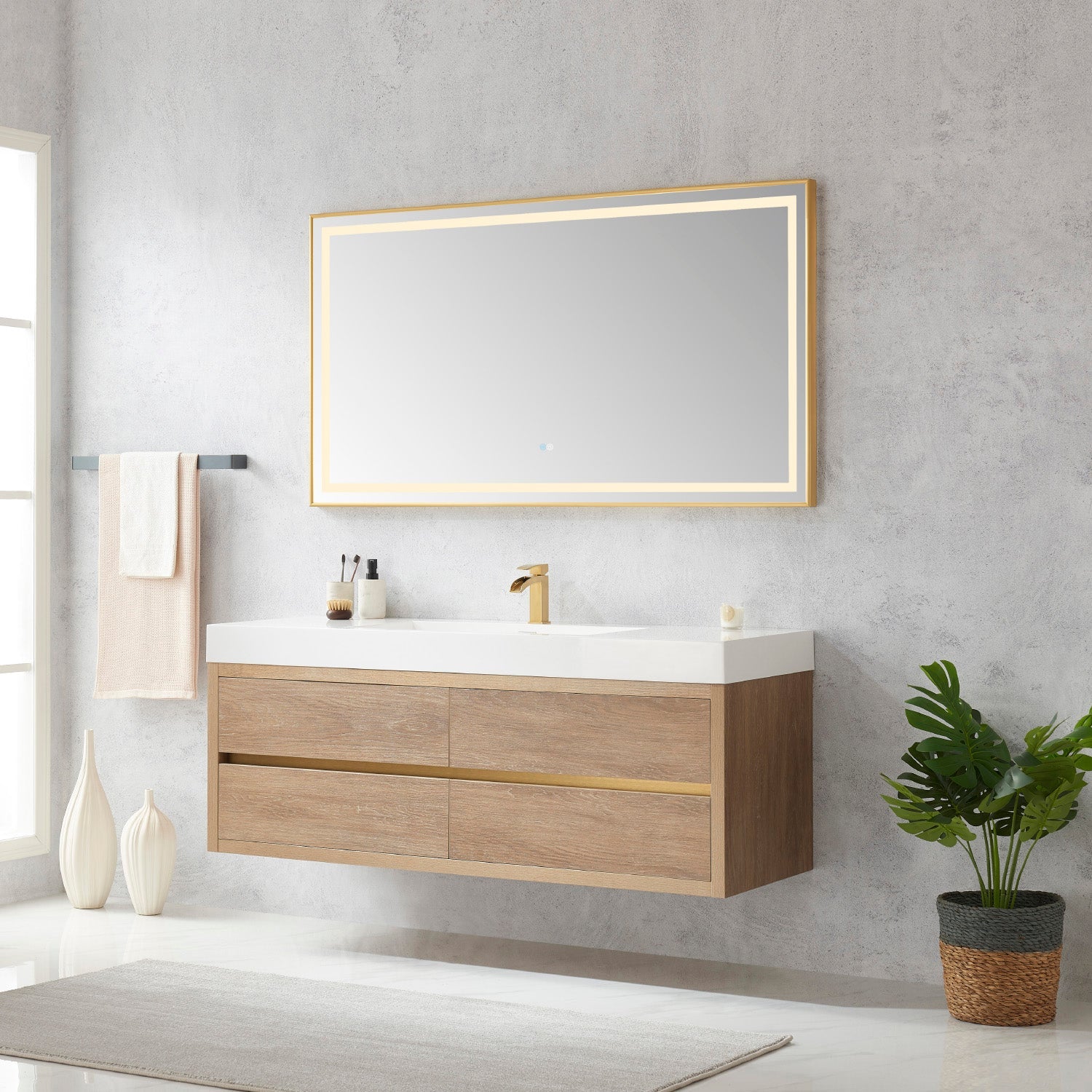 Palencia 60" Single Sink Wall-Mount Bath Vanity in North American Oak with White Composite Integral Square Sink Top