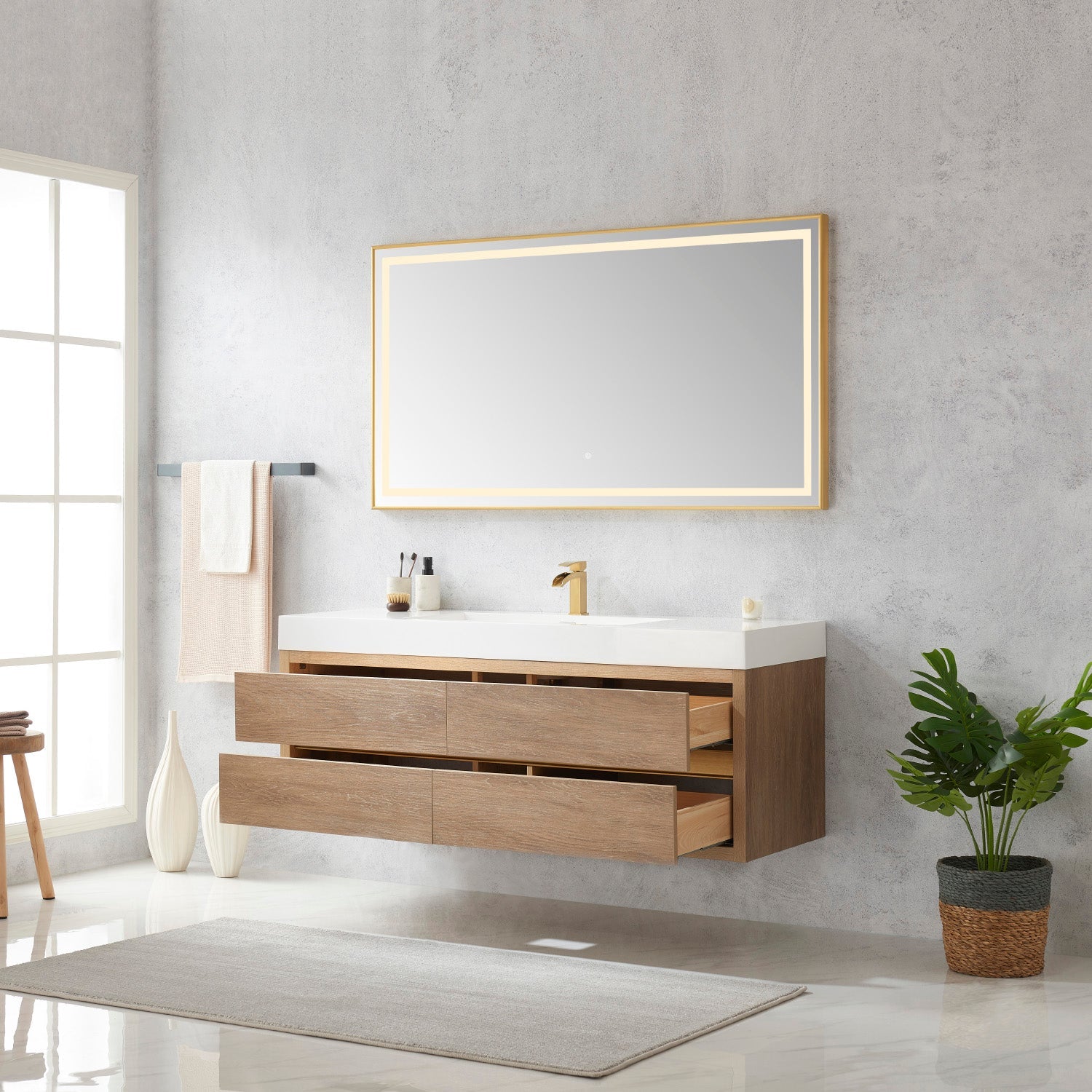 Palencia 60" Single Sink Wall-Mount Bath Vanity in North American Oak with White Composite Integral Square Sink Top