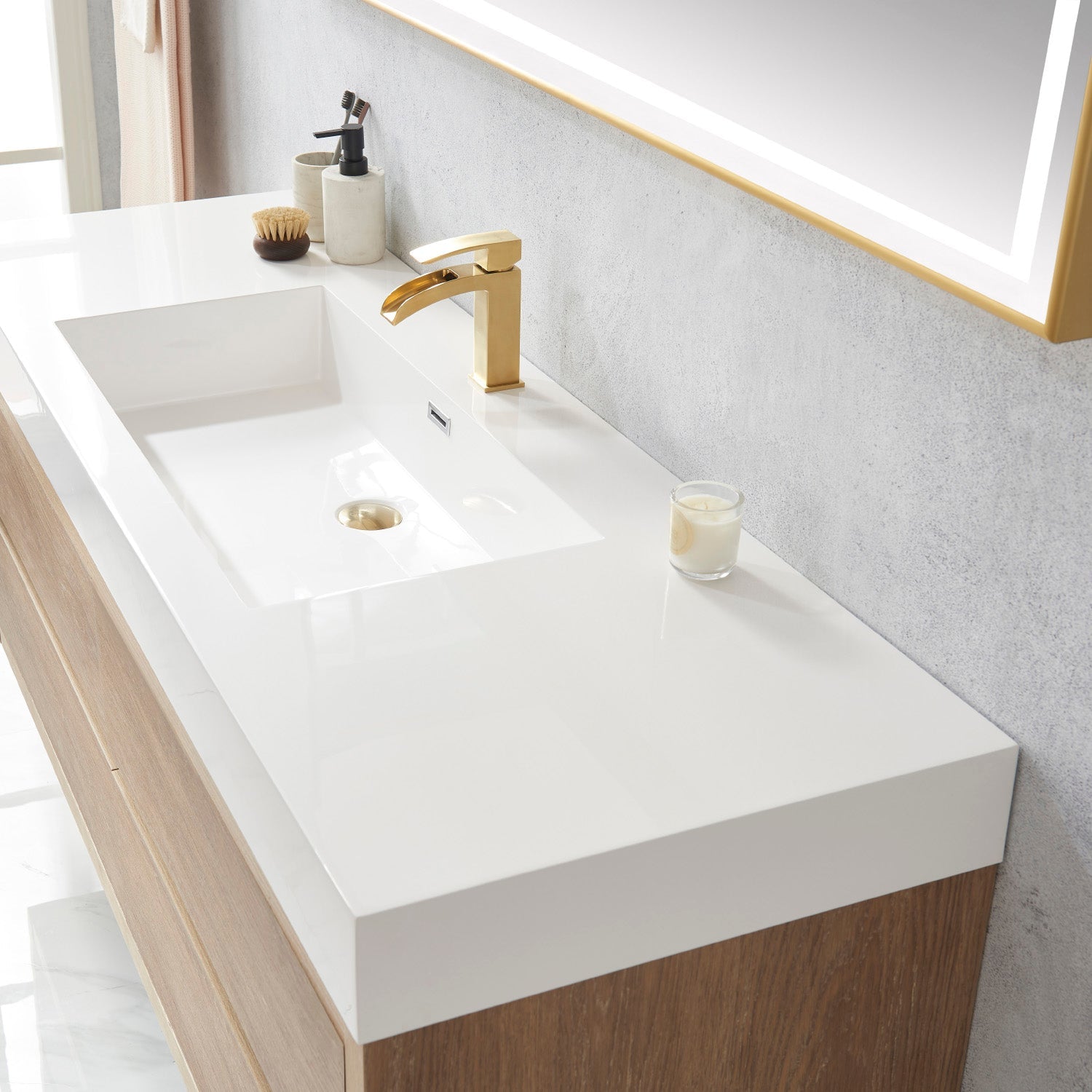 Palencia 60" Single Sink Wall-Mount Bath Vanity in North American Oak with White Composite Integral Square Sink Top