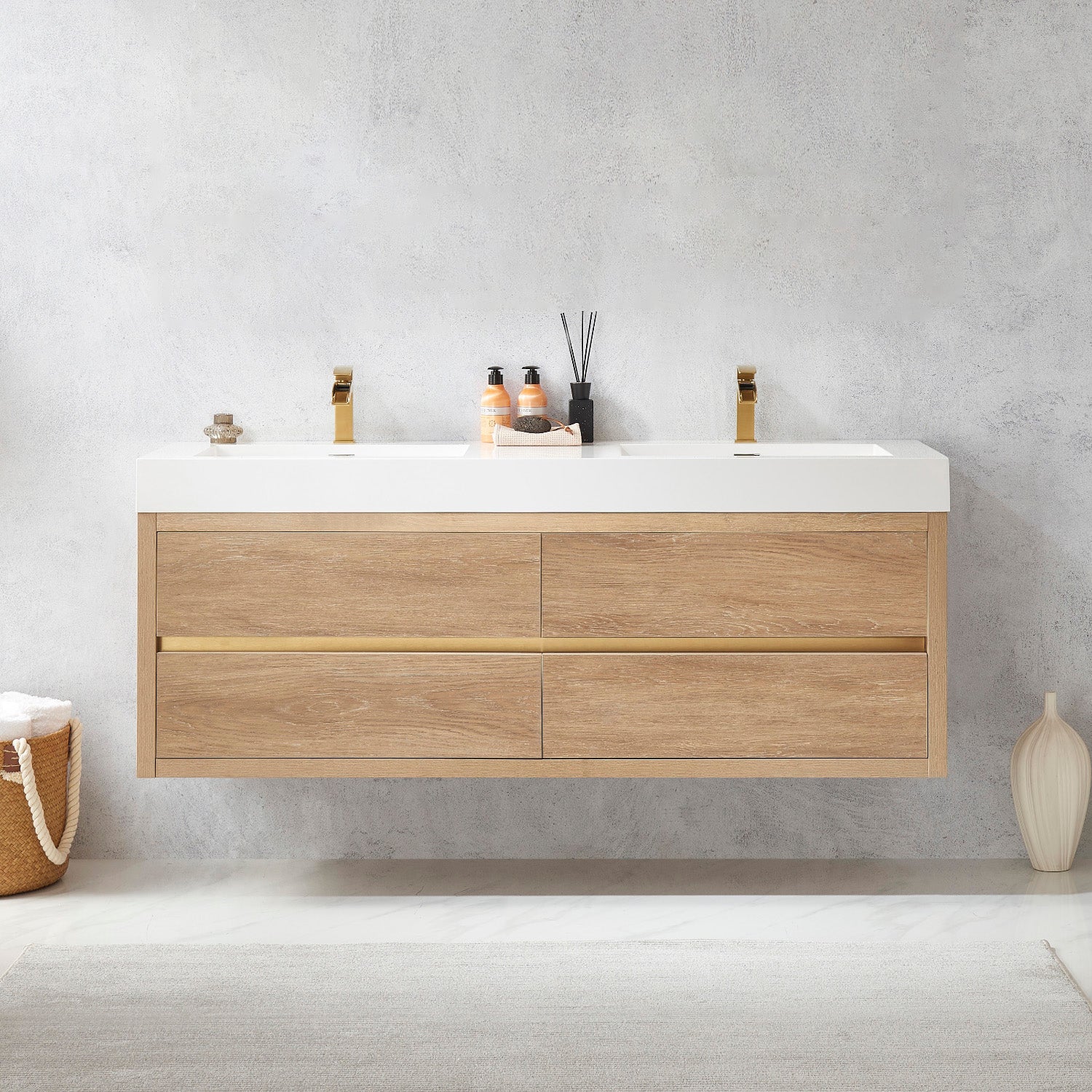 Palencia 60M" Double Sink Wall-Mount Bath Vanity in North American Oak with White Composite Integral Square Sink Top