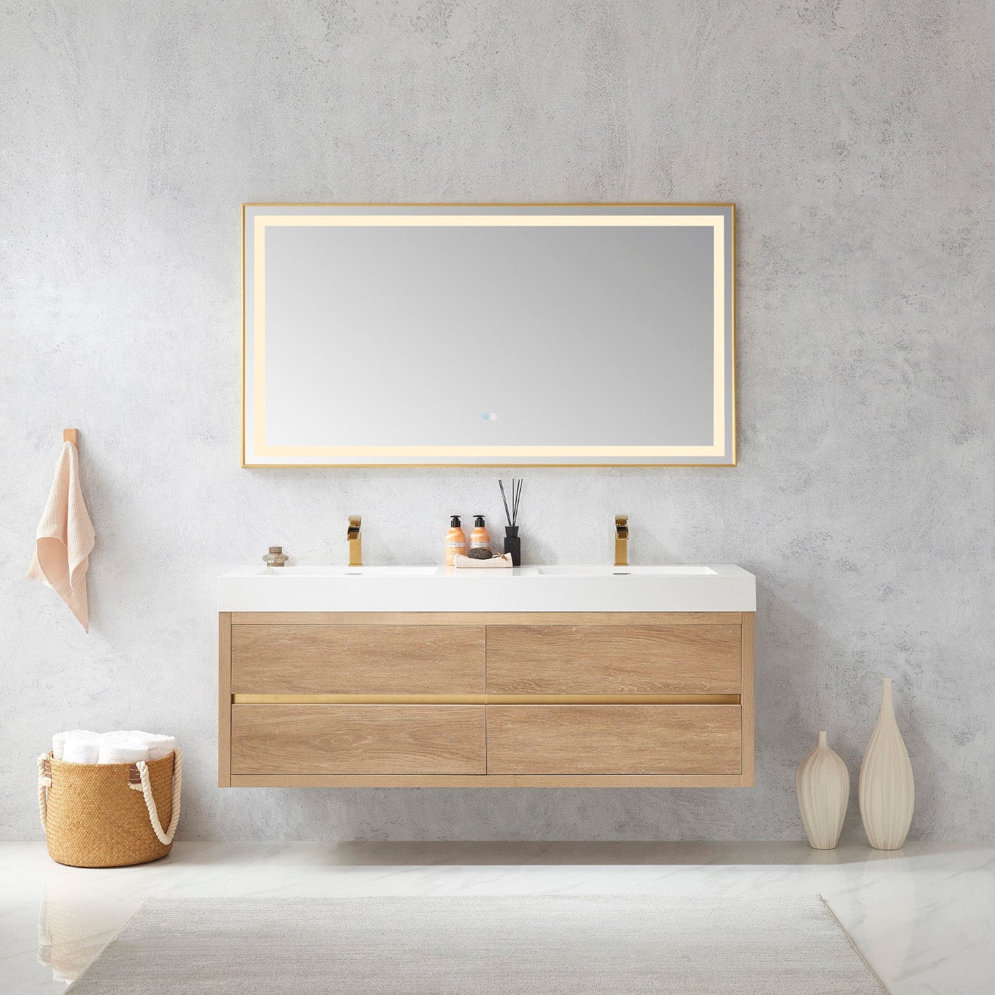 Palencia 60M" Double Sink Wall-Mount Bath Vanity in North American Oak with White Composite Integral Square Sink Top