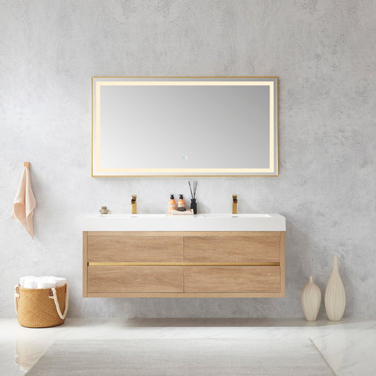 Palencia 60M" Double Sink Wall-Mount Bath Vanity in North American Oak with White Composite Integral Square Sink Top