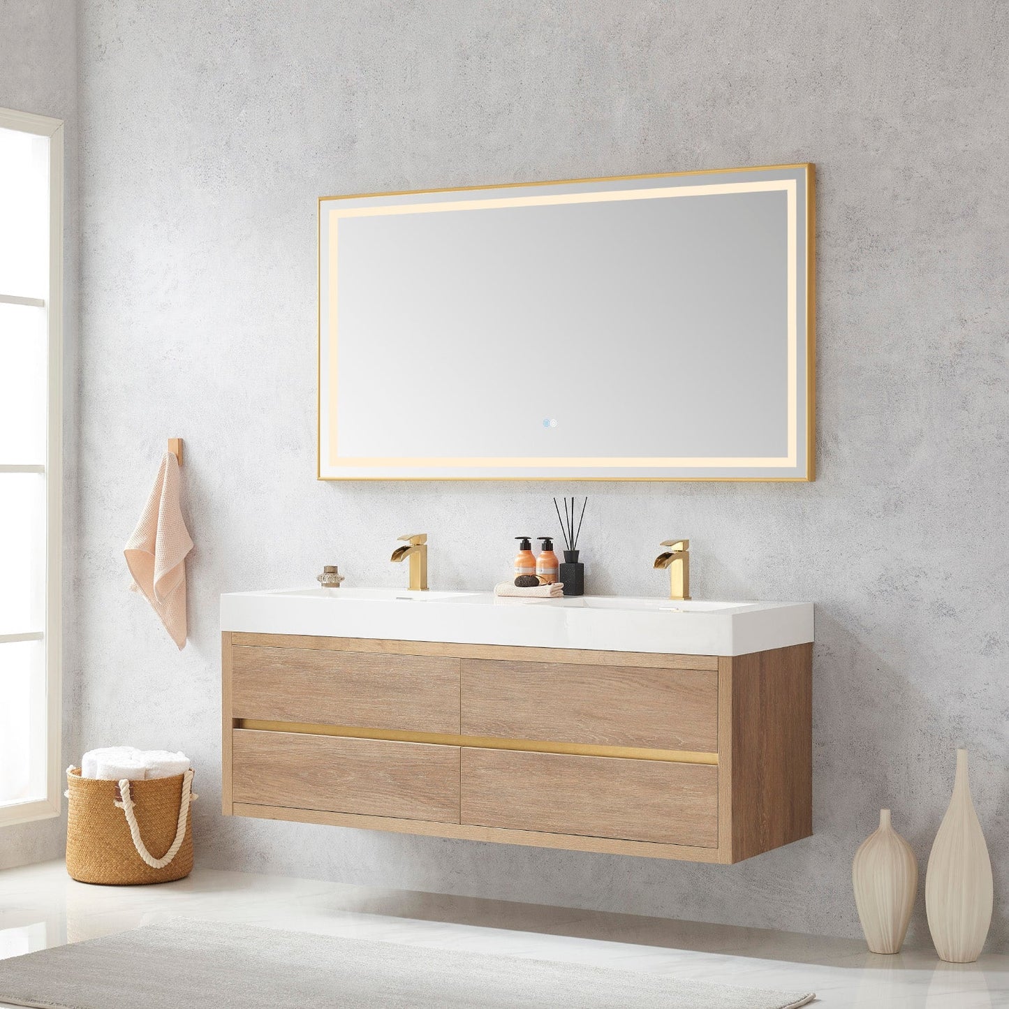 Palencia 60M" Double Sink Wall-Mount Bath Vanity in North American Oak with White Composite Integral Square Sink Top