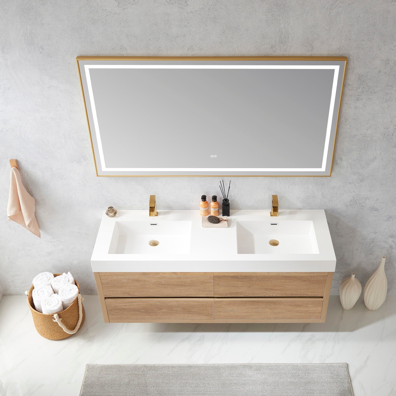 Palencia 60M" Double Sink Wall-Mount Bath Vanity in North American Oak with White Composite Integral Square Sink Top