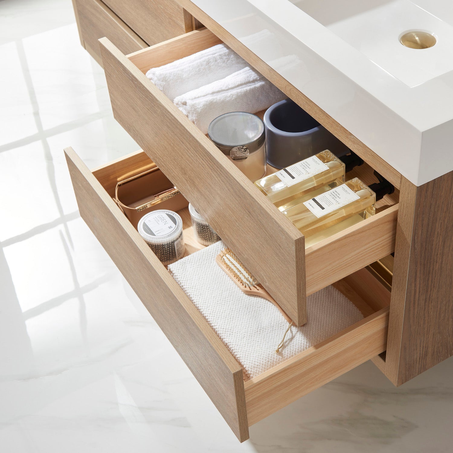 Palencia 60M" Double Sink Wall-Mount Bath Vanity in North American Oak with White Composite Integral Square Sink Top