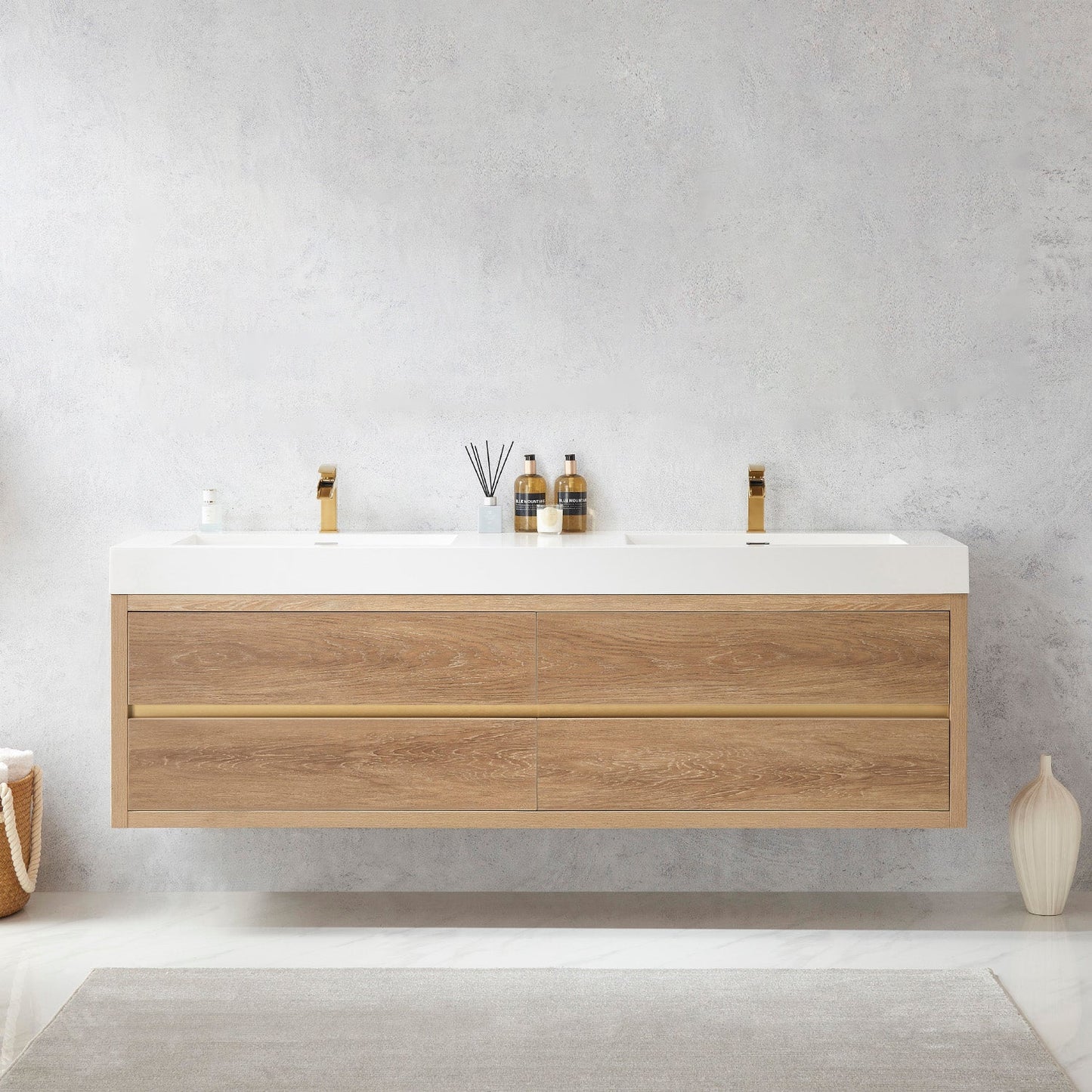 Palencia 72" Double Sink Wall-Mount Bath Vanity in North American Oak with White Composite Integral Square Sink Top