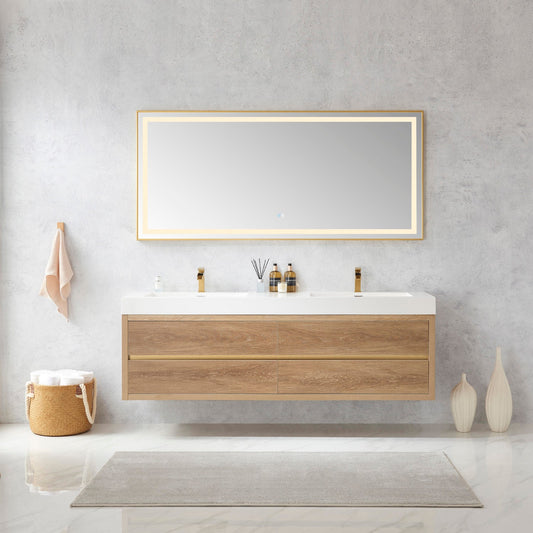 Palencia 72" Double Sink Wall-Mount Bath Vanity in North American Oak with White Composite Integral Square Sink Top