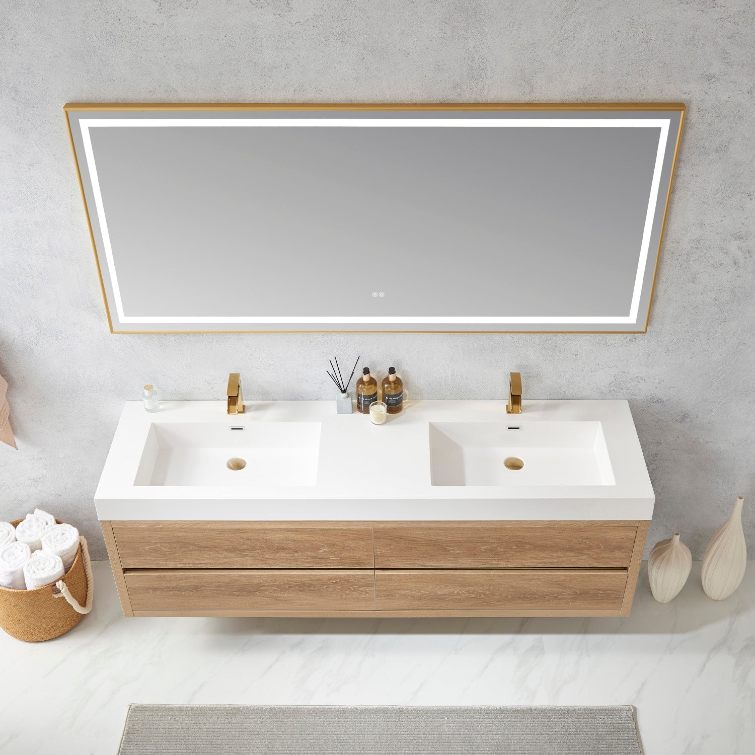 Palencia 72" Double Sink Wall-Mount Bath Vanity in North American Oak with White Composite Integral Square Sink Top