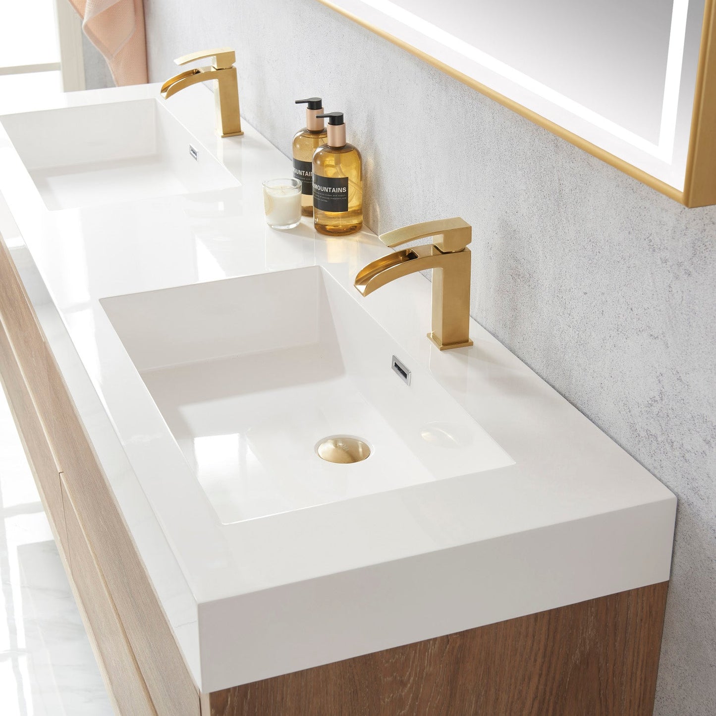 Palencia 72" Double Sink Wall-Mount Bath Vanity in North American Oak with White Composite Integral Square Sink Top