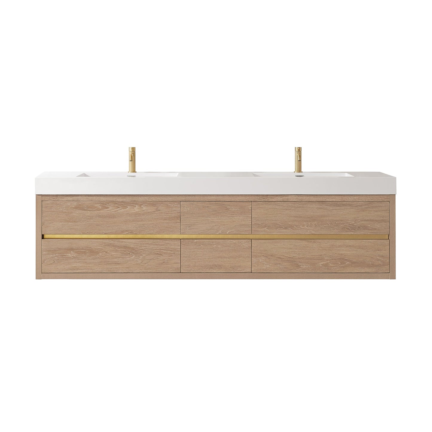 Palencia 84" Double Sink Wall-Mount Bath Vanity in North American Oak with White Composite Integral Sink Top