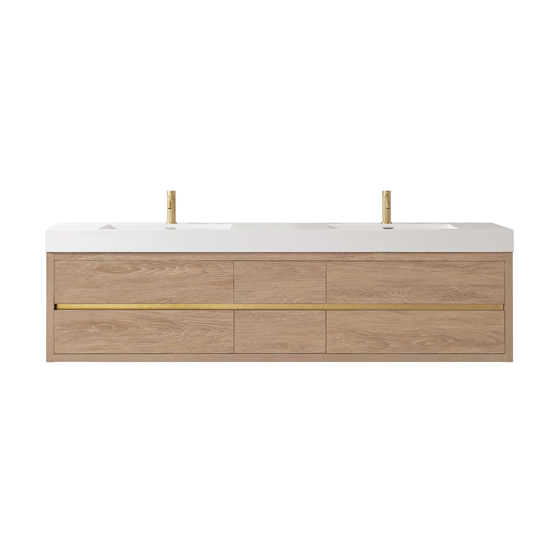 Palencia 84" Double Sink Wall-Mount Bath Vanity in North American Oak with White Composite Integral Sink Top