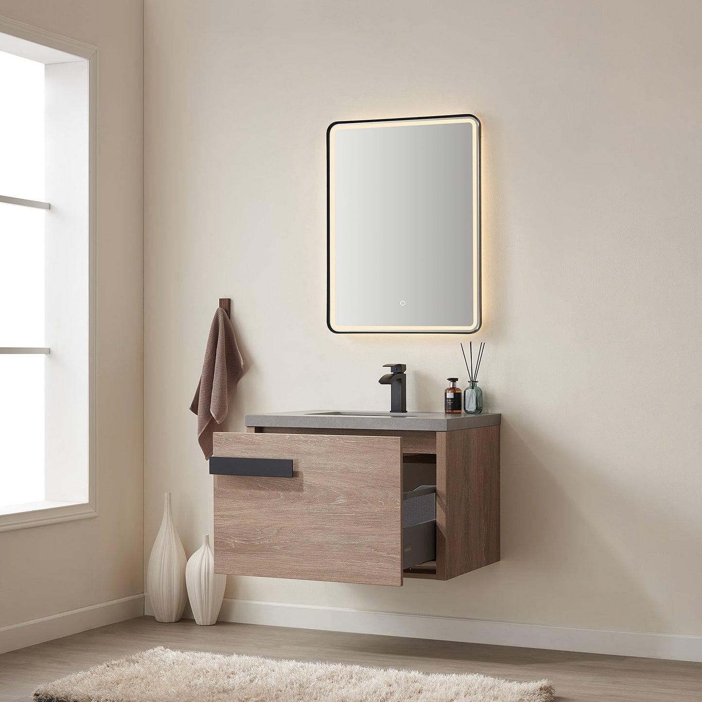 Carcastillo 30" Single Sink Bath Vanity in North American Oak with Grey Sintered Stone Top