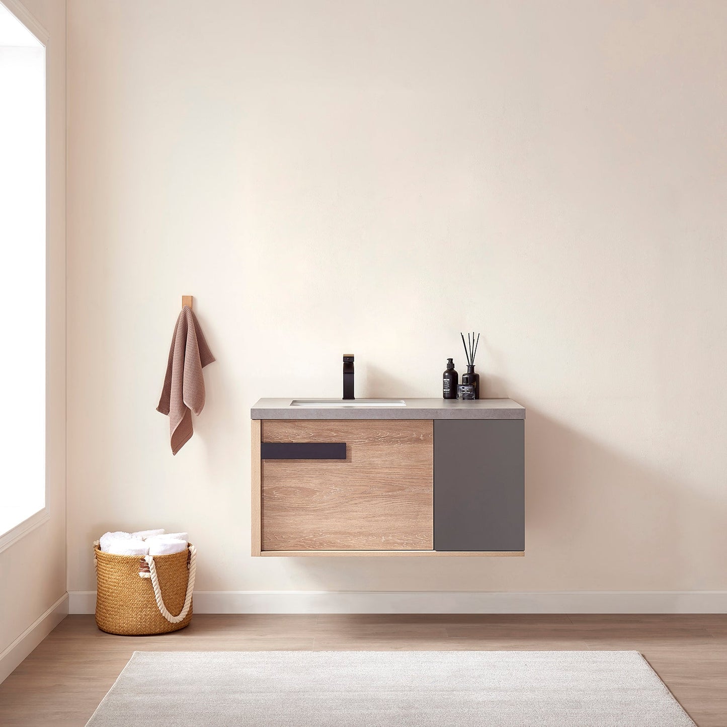 Carcastillo 40" Single Sink Bath Vanity in North American Oak with Grey Sintered Stone Top