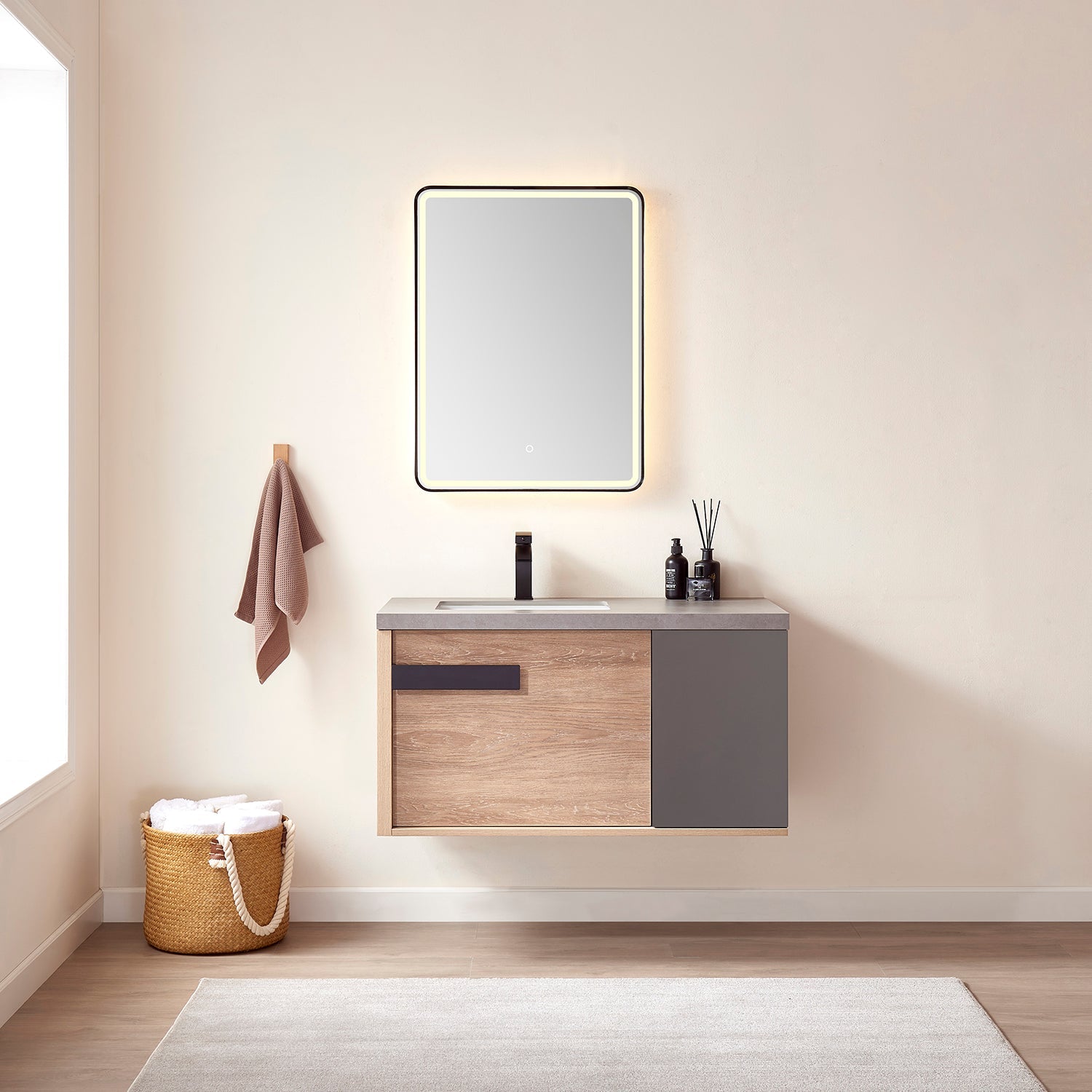 Carcastillo 40" Single Sink Bath Vanity in North American Oak with Grey Sintered Stone Top