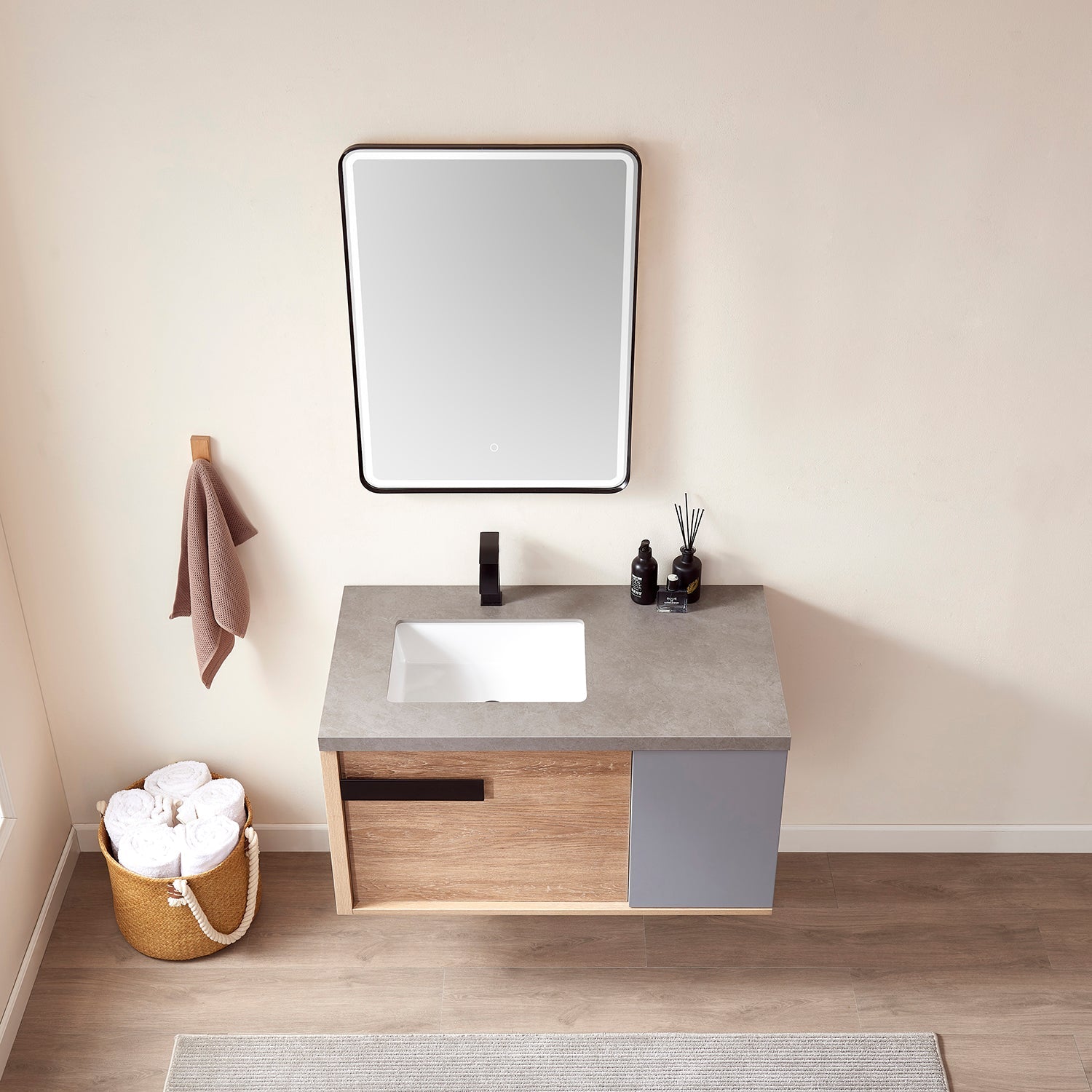 Carcastillo 40" Single Sink Bath Vanity in North American Oak with Grey Sintered Stone Top