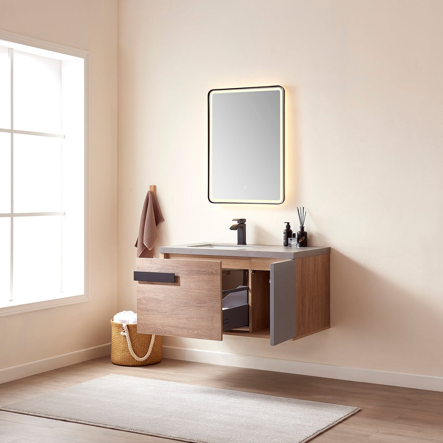 Carcastillo 40" Single Sink Bath Vanity in North American Oak with Grey Sintered Stone Top