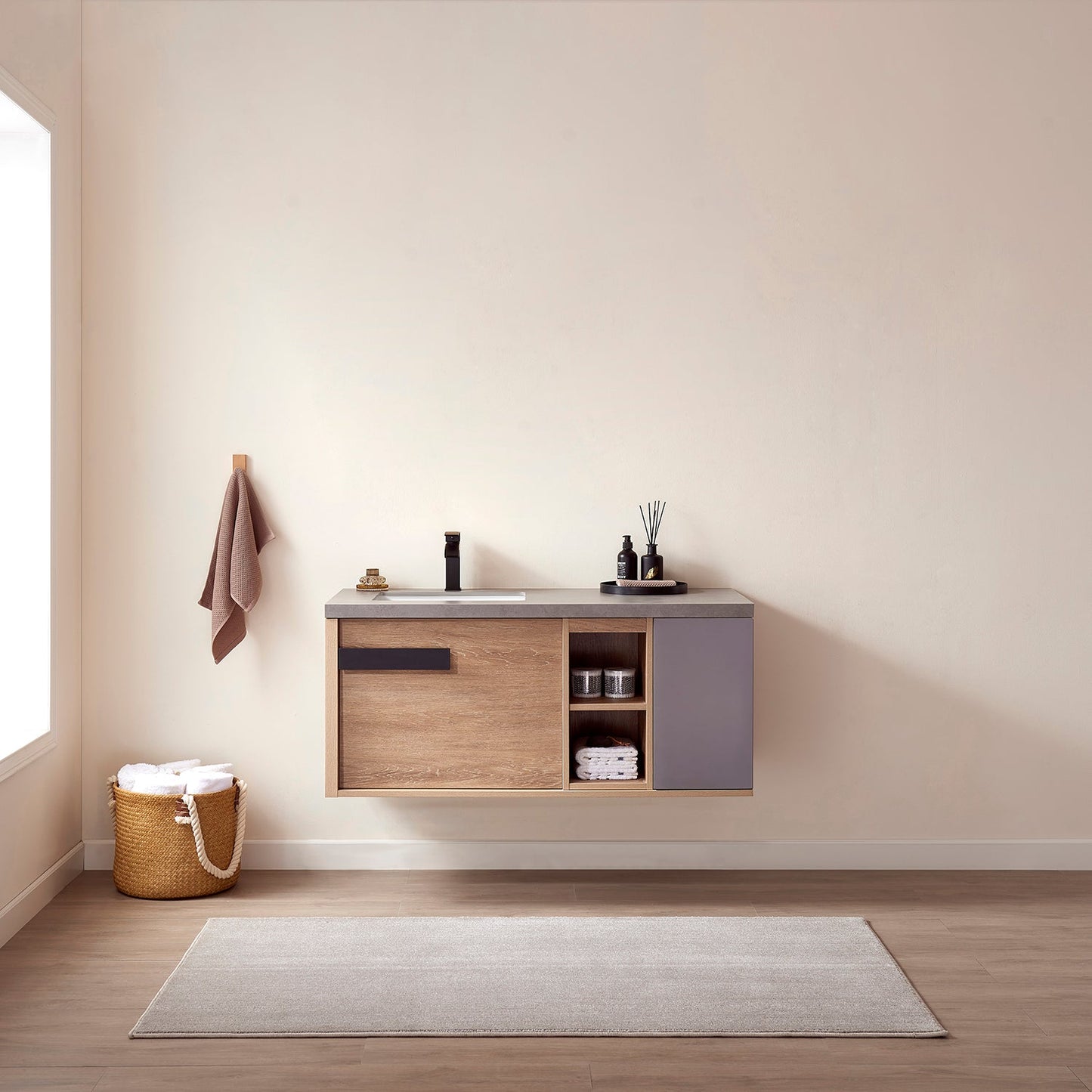 Carcastillo 47" Single Sink Bath Vanity in North American Oak with Grey Sintered Stone Top