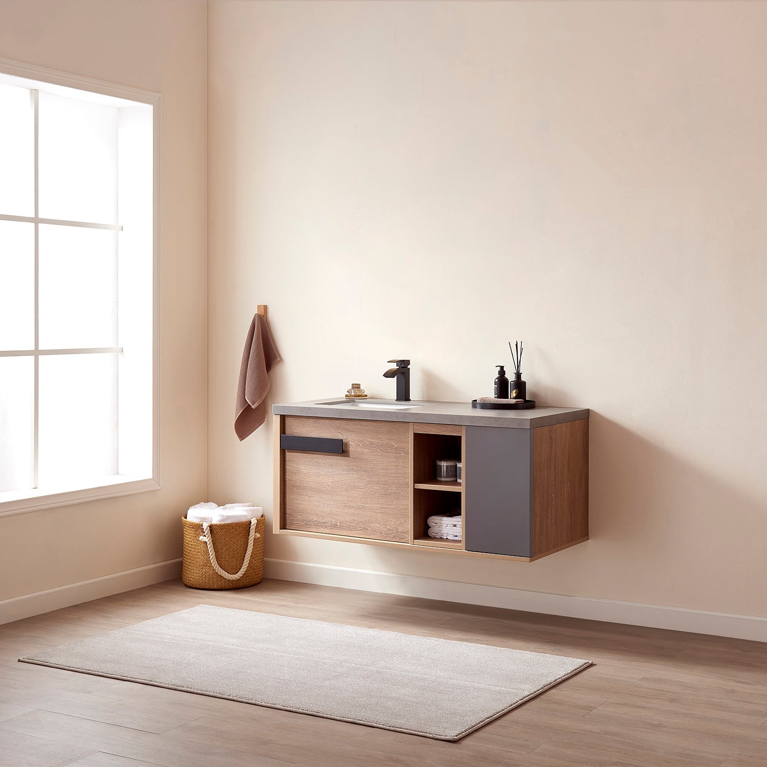 Carcastillo 47" Single Sink Bath Vanity in North American Oak with Grey Sintered Stone Top