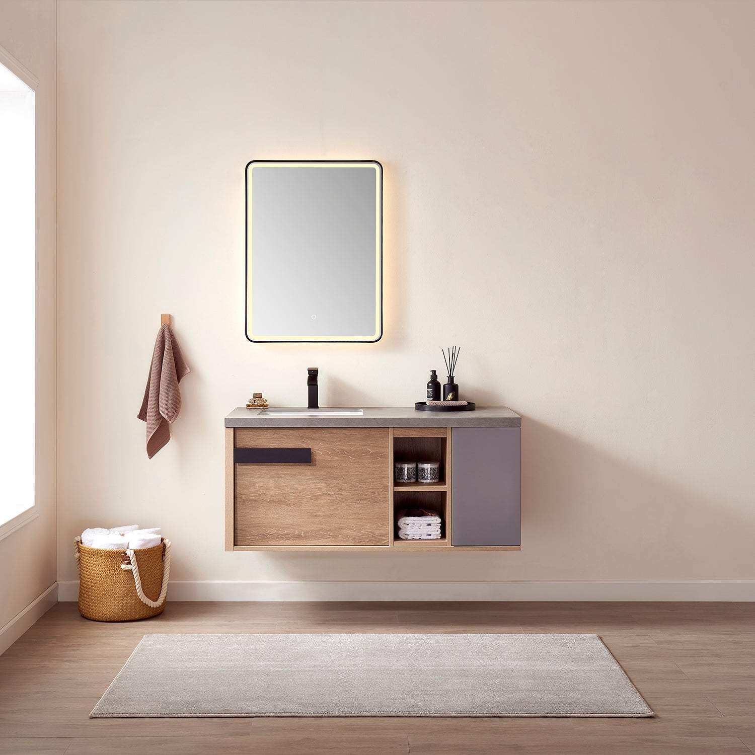 Carcastillo 47" Single Sink Bath Vanity in North American Oak with Grey Sintered Stone Top