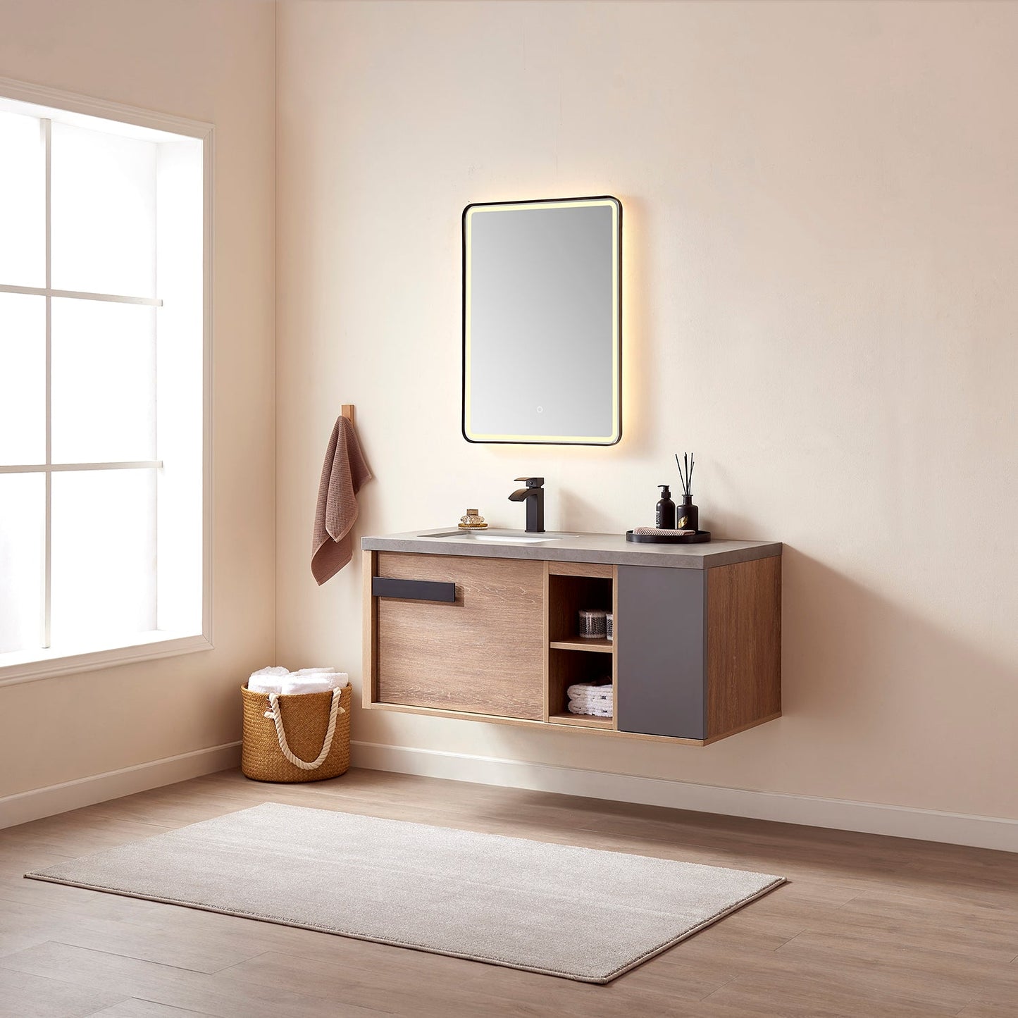 Carcastillo 47" Single Sink Bath Vanity in North American Oak with Grey Sintered Stone Top