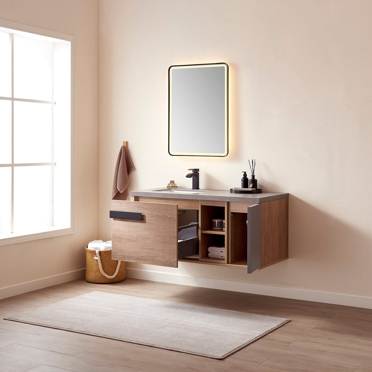 Carcastillo 47" Single Sink Bath Vanity in North American Oak with Grey Sintered Stone Top