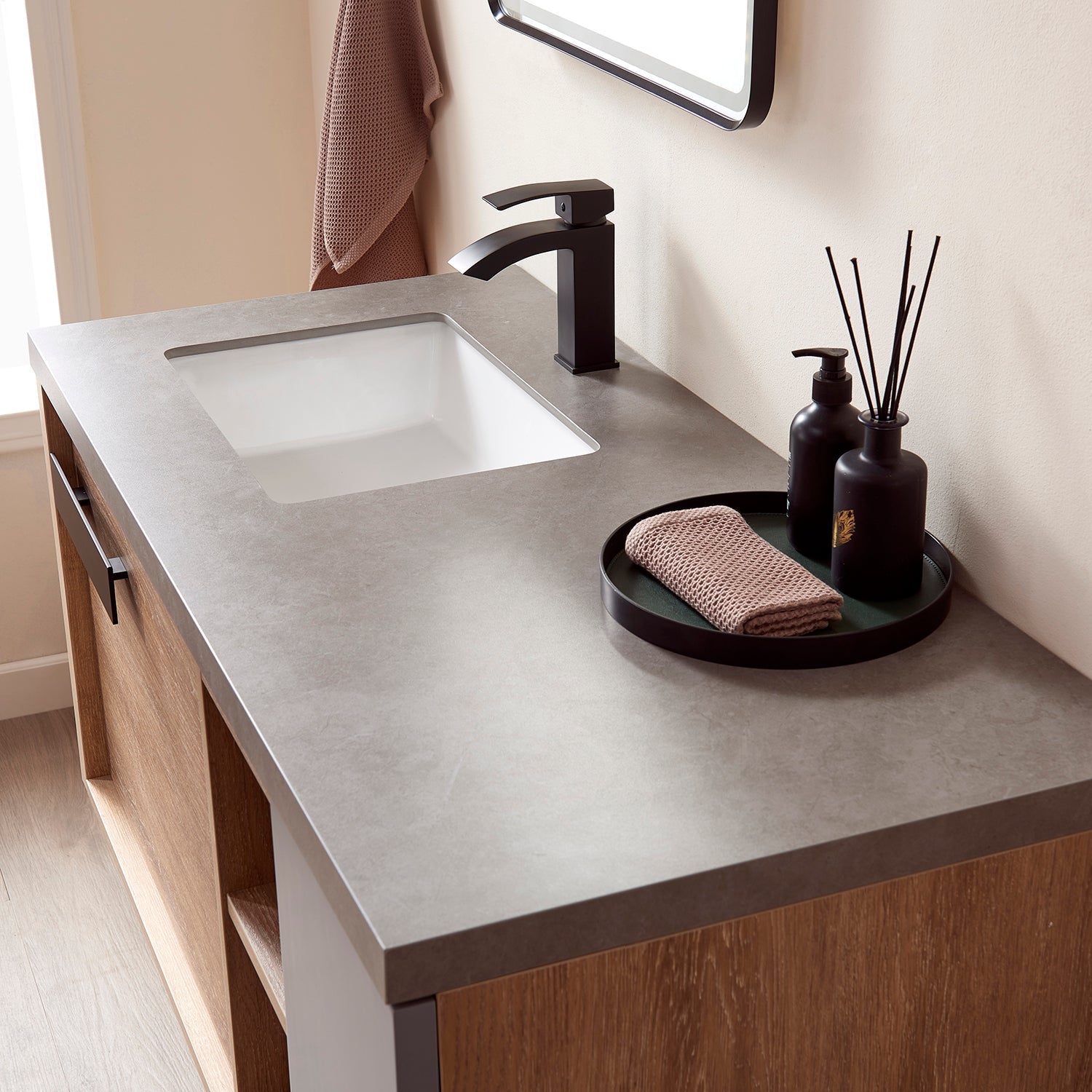 Carcastillo 47" Single Sink Bath Vanity in North American Oak with Grey Sintered Stone Top