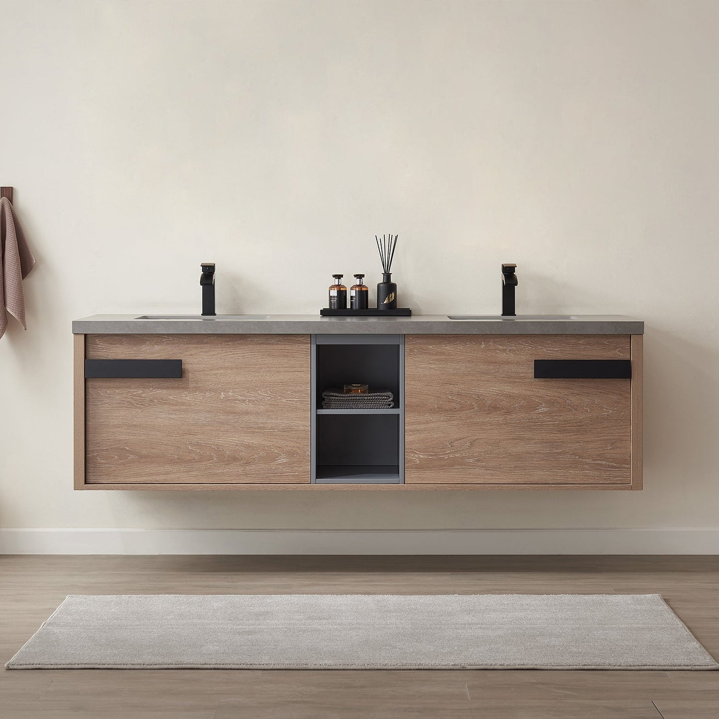 Carcastillo 72" Double Sink Bath Vanity in North American Oak with Grey Sintered Stone Top